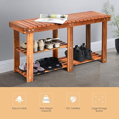 Miniatura 8 de Giantex Zapatero de 2 niveles con asiento, organizador de madera para pasillo, baño, sala de estar, estante de almacenamiento para pasillo,