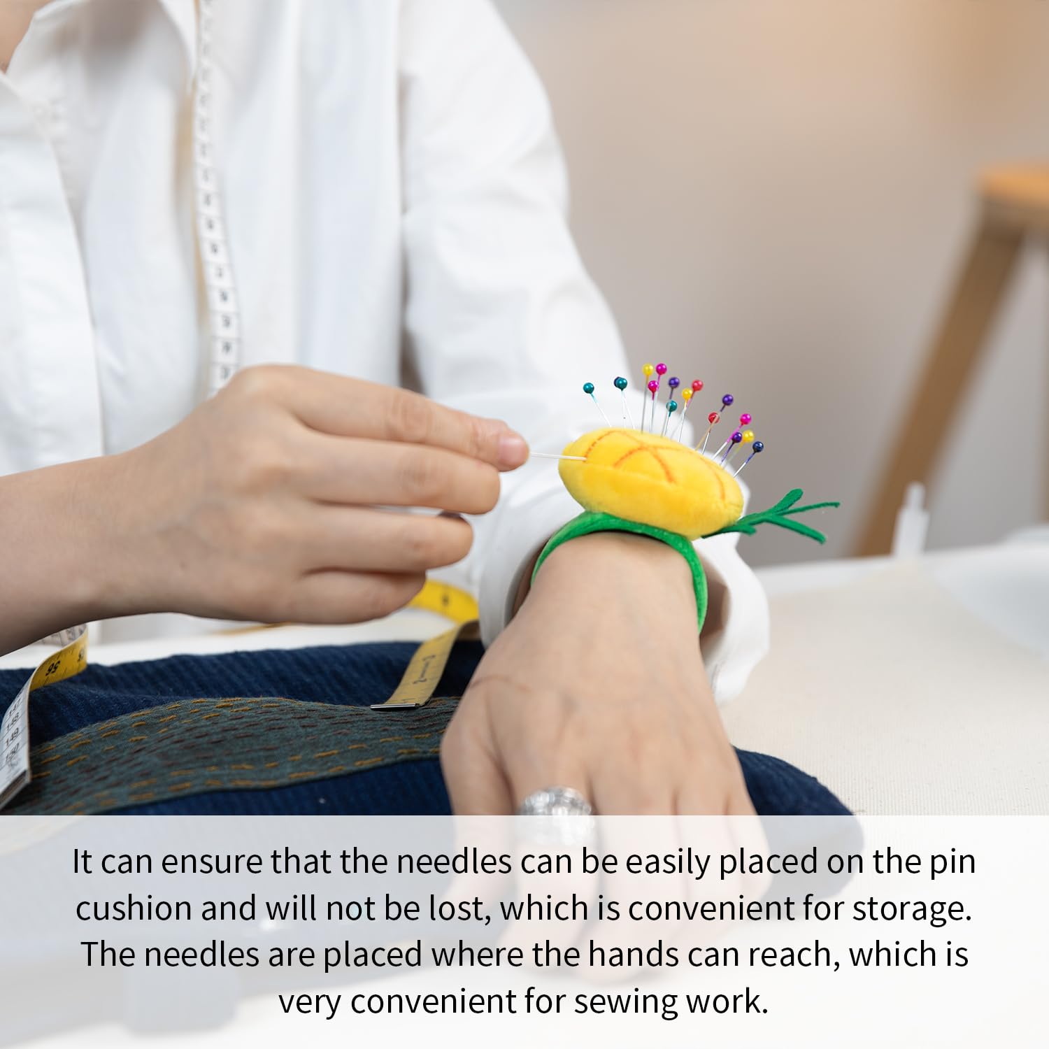 Pineapple Wrist Pin Cushion for Sewing Snap Bracelet Wrist Bands Pincushion Organizer for Pins and Needles Include 80 Pearl Ballhead Pins and 18 Sewing Needles - Image 3