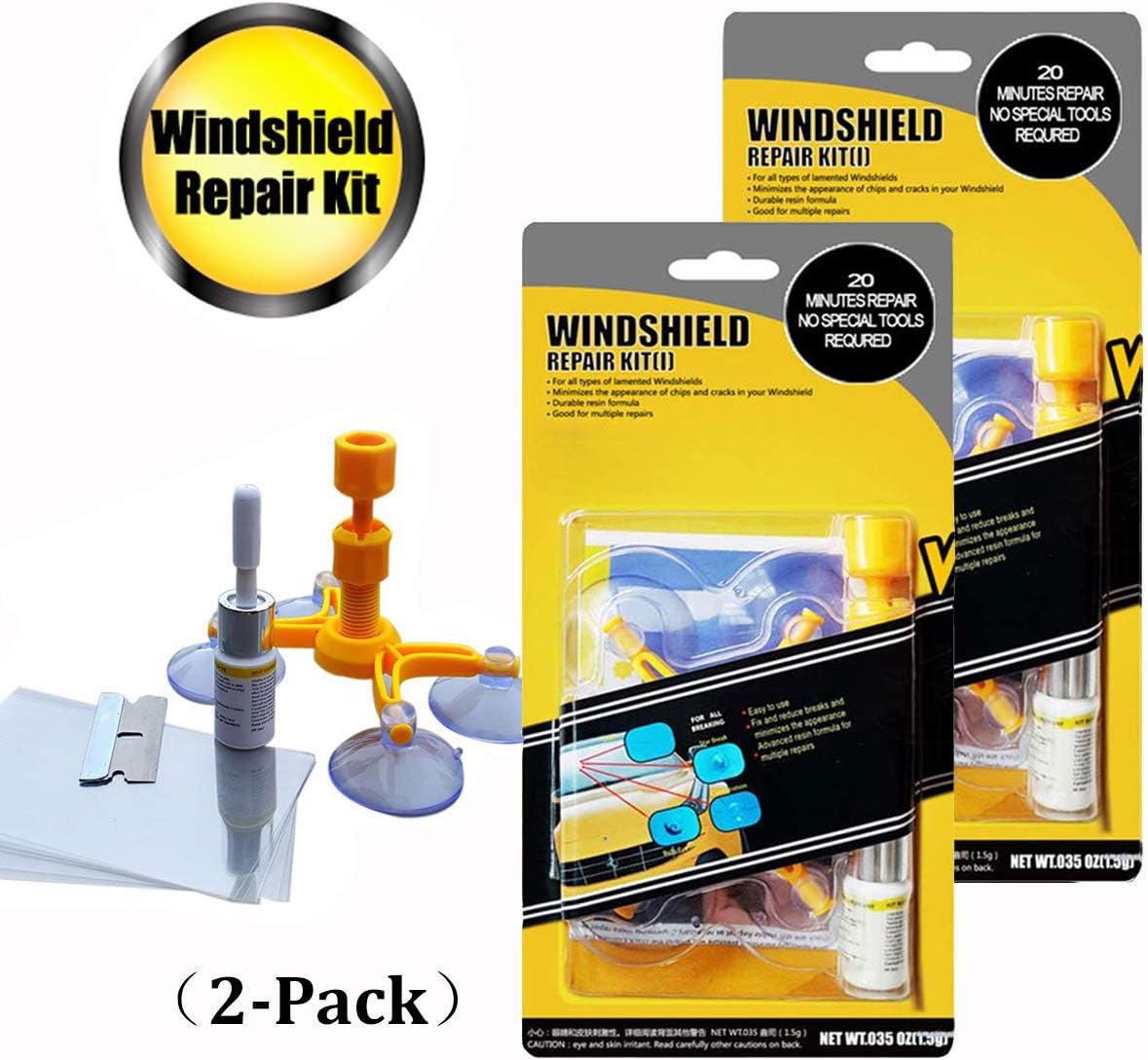 GLISTON Car Windshield Repair Kit for Chips and Cracks, Bulls-Eye, Star-Shaped, Nicks, Half-Moon Crescents, 2Pack
