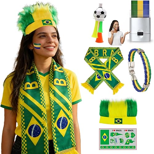 2026 Brazil Fan Kit - Face Paint Sticks, Flag Scarf, Hairy Headband, Wristband, 