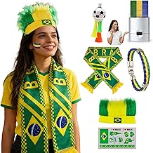 2026 Brazil Fan Kit - Face Paint Sticks, Flag Scarf, Hairy Headband, Wristband, Soccer Horns, Temporary Tattoo for Soccer, Football, Rugby, Baseball, Game Day, Watch Parties &amp; National Celebrations