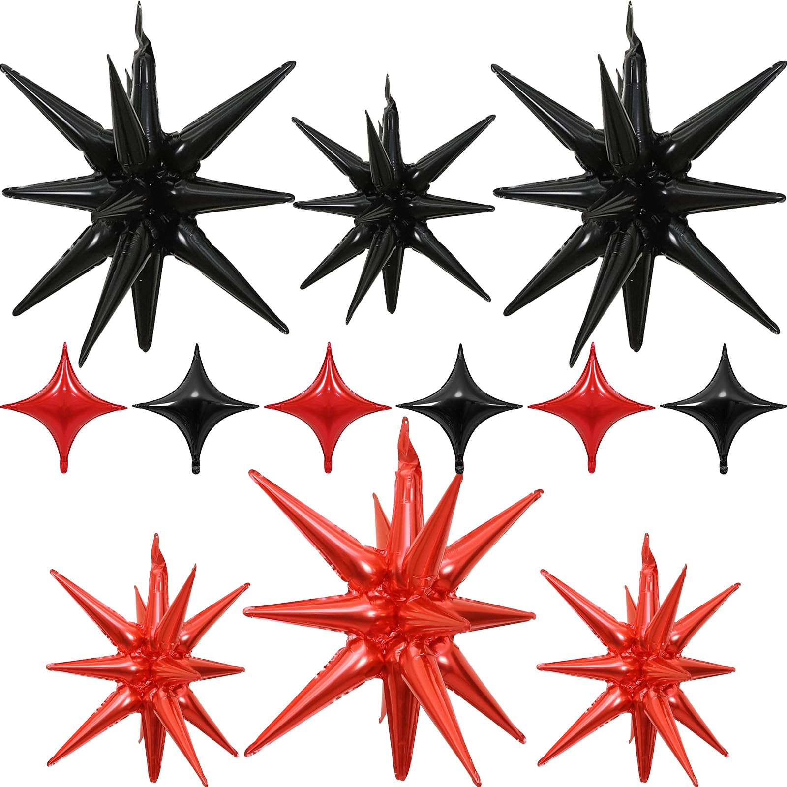 Black Red Star Balloons 12pcs, One-Piece, 27/22 Inch Foil Star Explosion Balloons, Large Spike Mylar Cone Balloon, Fireworks Shape Balloon Decor for New Year Casino Night Racing Car Theme Prom