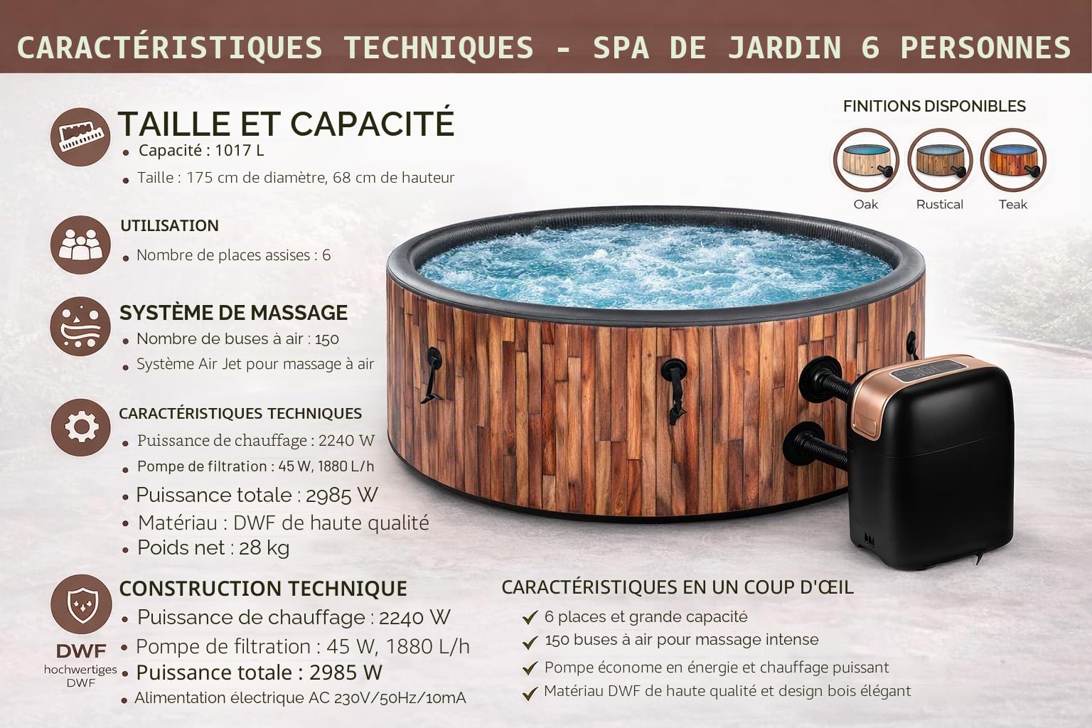 COIL Spa d'extérieur gonflable pour 6 personnes, aspect bois, matériau DWF robuste, gonflage rapide, hydromassage bien-être (teck)