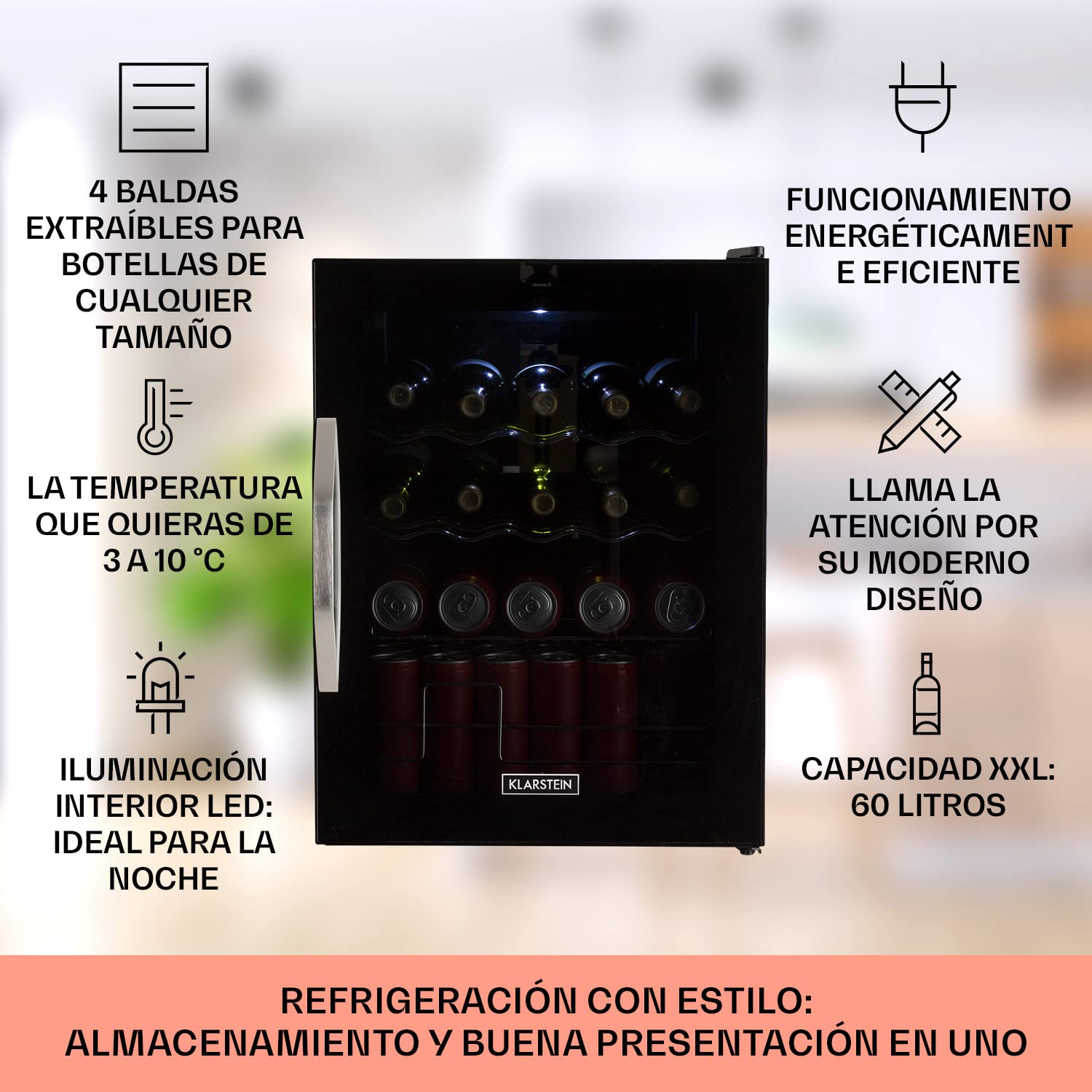 KLARSTEIN Mini Nevera Pequeña Puerta Cristal Habitaciones, Portatil Electrica, para Bebidas, Frigorificos 60L, con Estantes
