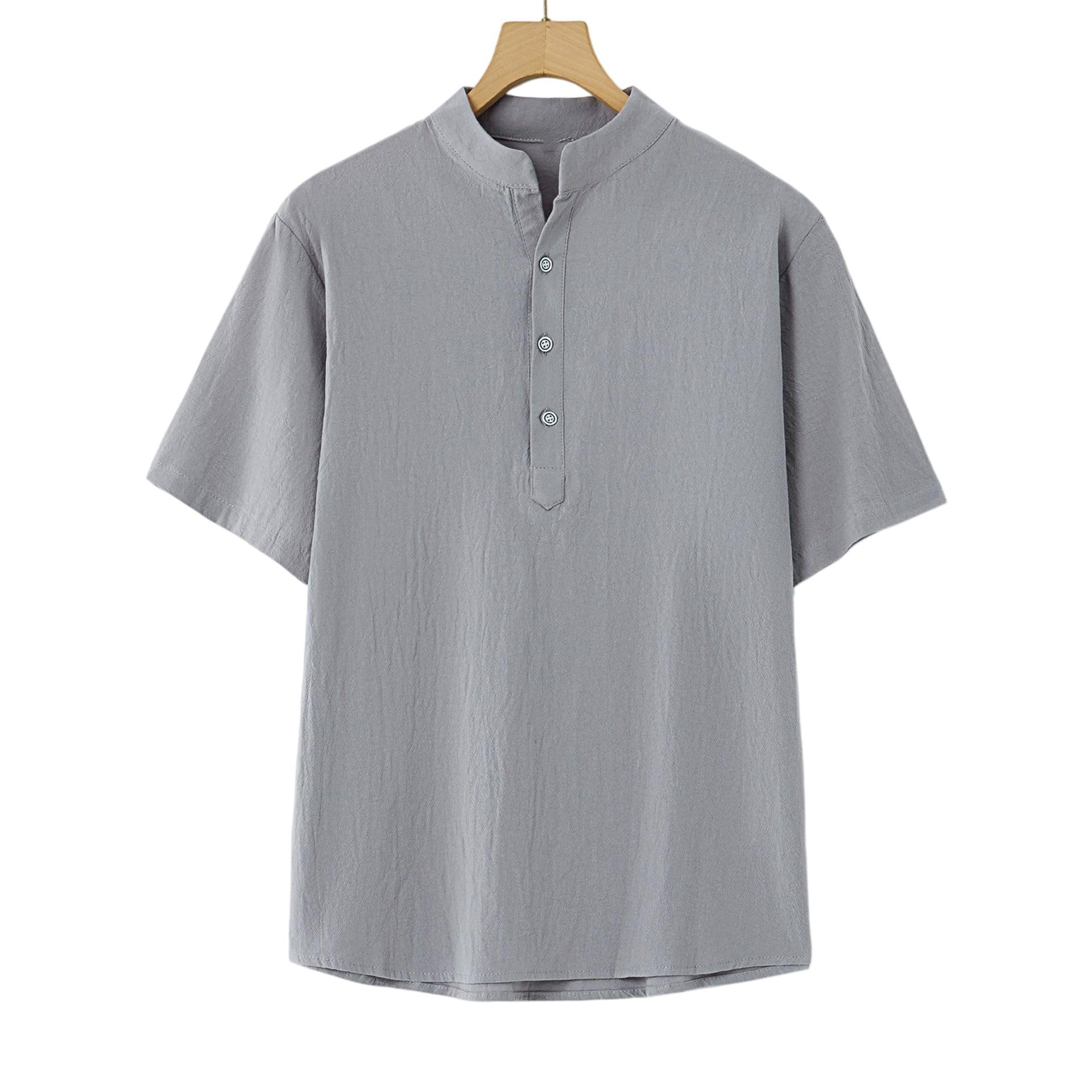 Camiseta Henley de manga corta con tres botones y mezcla de lino y algodón para hombre, resistente a las arrugas