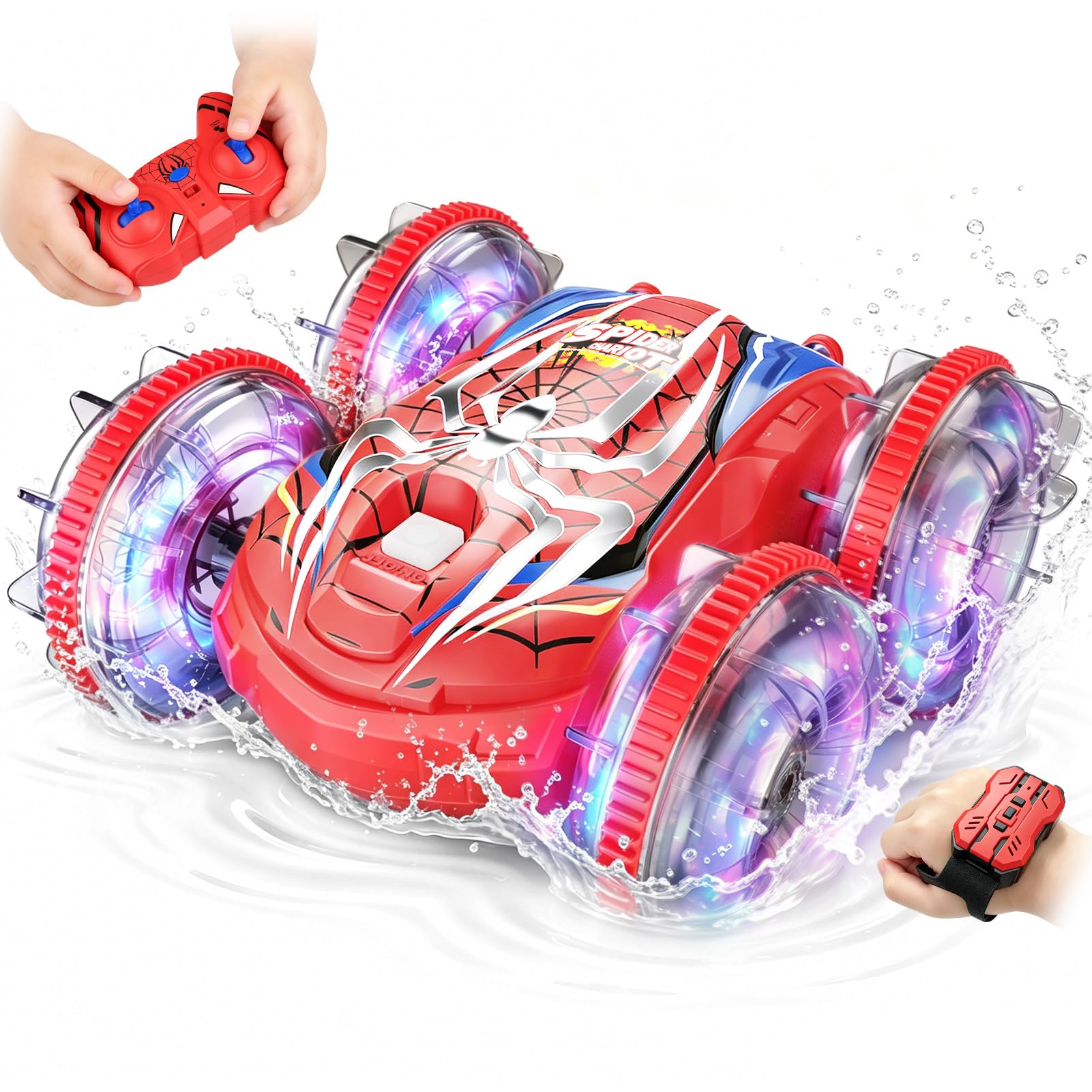 SIVQIKE Auto radiocomandata con design a ragno, luce LED, controllo gesti manuali e acrobazie a 360°, veicolo anfibio impermeabile per piscina, spiaggia e fuoristrada, fino a 100 minuti di gioco, per