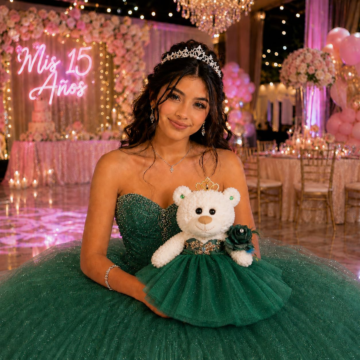 KINNEX COLLECTIONS SINCE 1997 Quitte Anos Teddybär mit Kleid Stickerei Mis 15 Anos Mittelstück (ohne Ständer) B09631-33G-N (Smaragdgrün), 30,5 cm