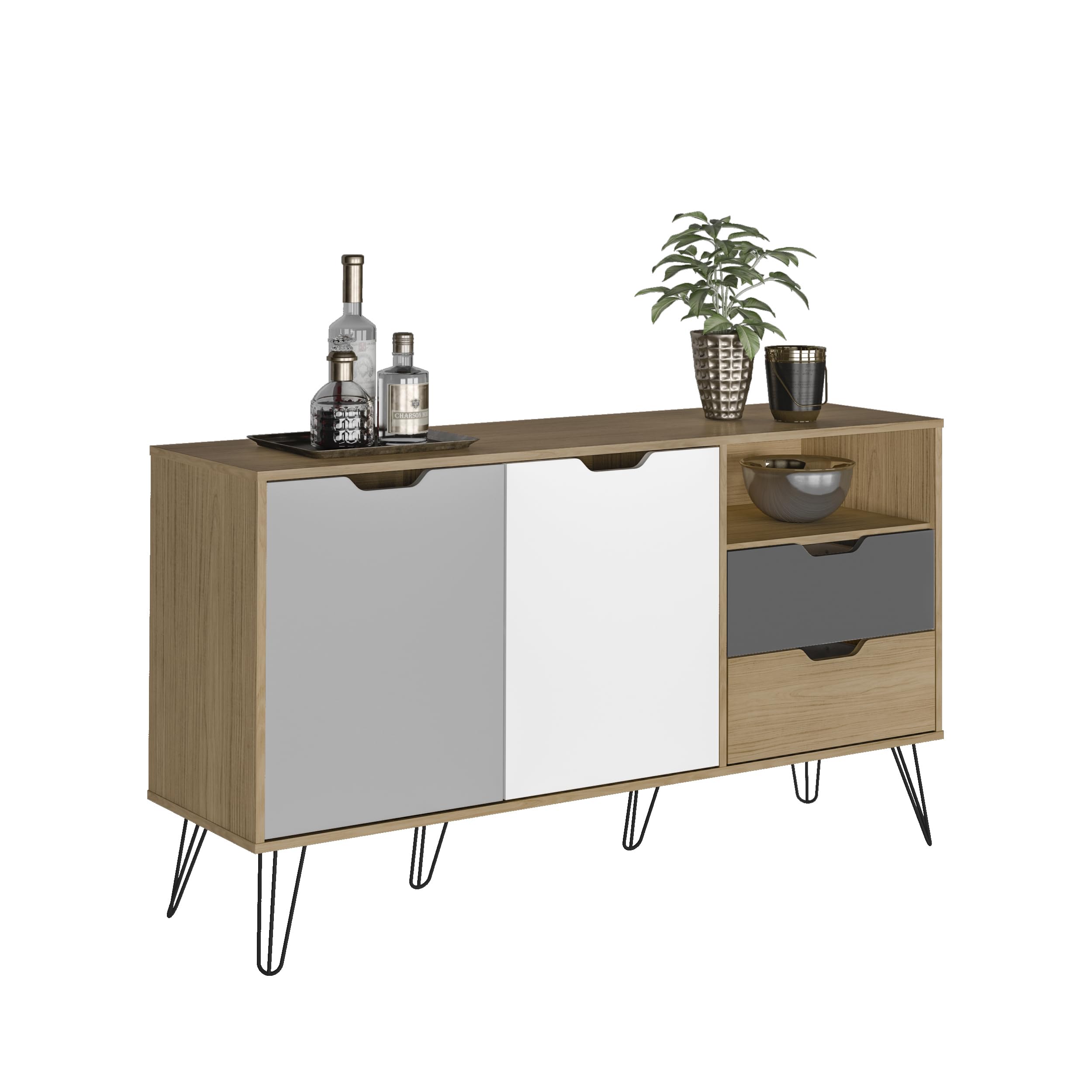 MOMMA HOME Conjunto Completo de Salon y Comedor, Modelo Estocolmo, Acabado Roble, Blanco y Gris, Aparador + Mueble TV + Mesa de Centro + Aparador Alto Botellero