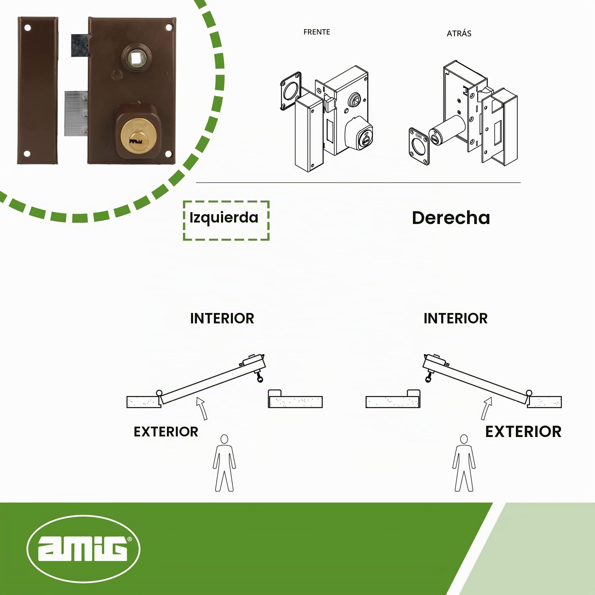 Amig - Cerradura de Sobreponer de Izquierda con Palanca de Cierre, Lengüeta y Cuadradillo para Puertas de Madera Mod. 75N / 67 x 112 mm/Cilindro Redondo de Seguridad/Acero Marrón