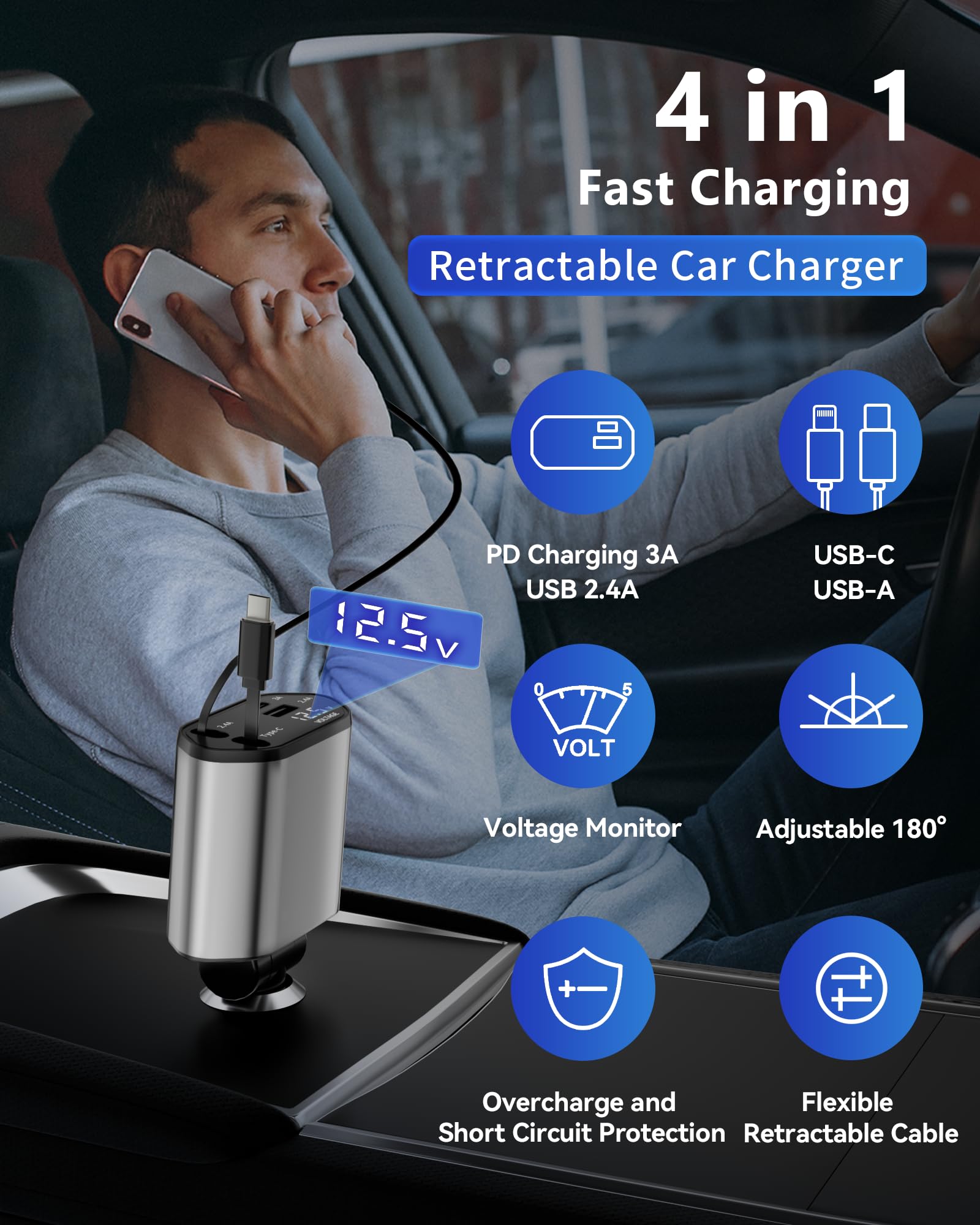 Retractable Car Charger, 4 in 1 Fast Charging Car Charger USB-C & USB-A Compatible with iPhone 16/15/14/13/12/11/X,Galaxy,Pixel