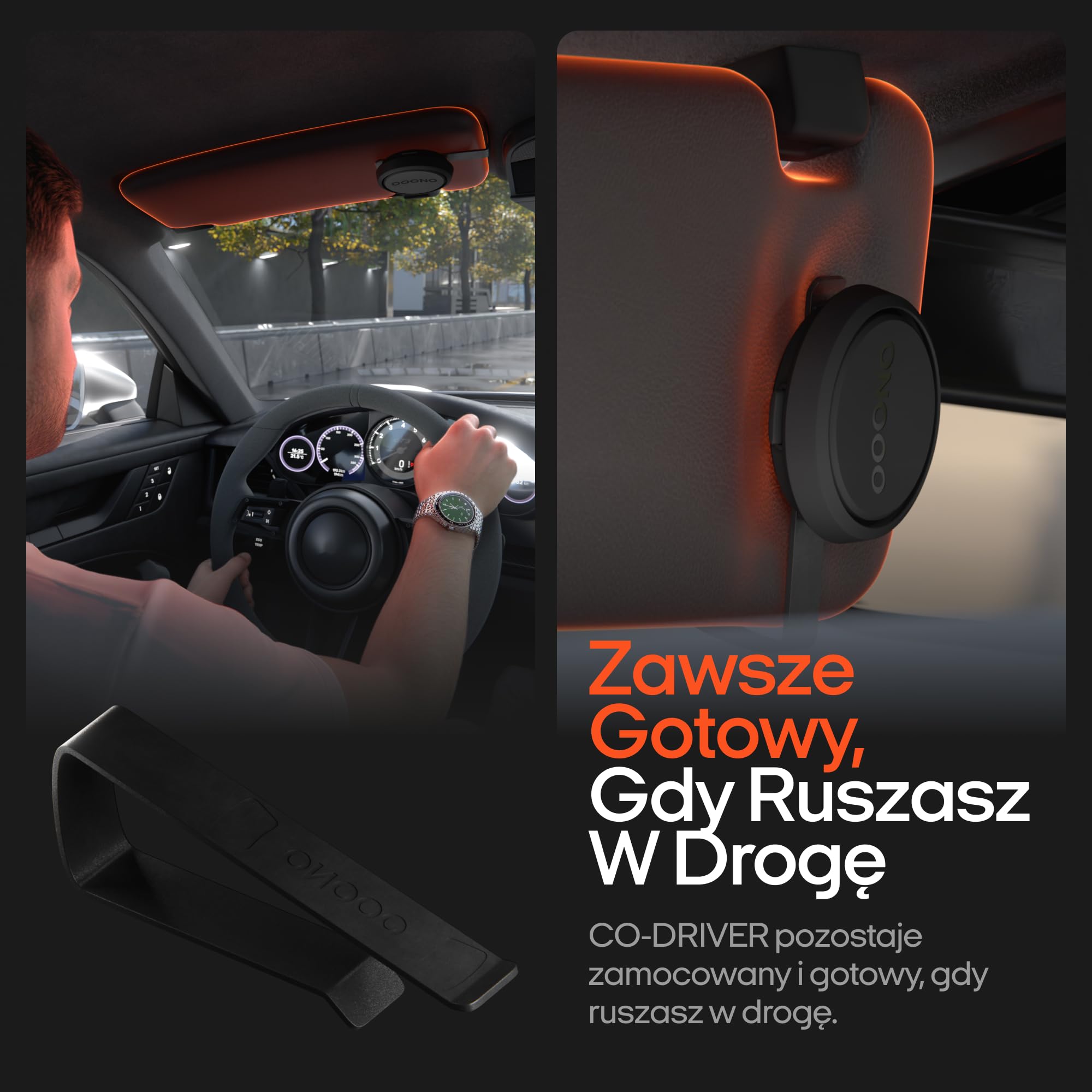 OOONO Mount NO2 uchwyt na osłonę przeciwsłoneczną do CO-Driver NO2 i NO2 Plus | magnetyczny uchwyt samochodowy z klipsem | montaż bez narzędzi | zdejmowany uchwyt do ładowania