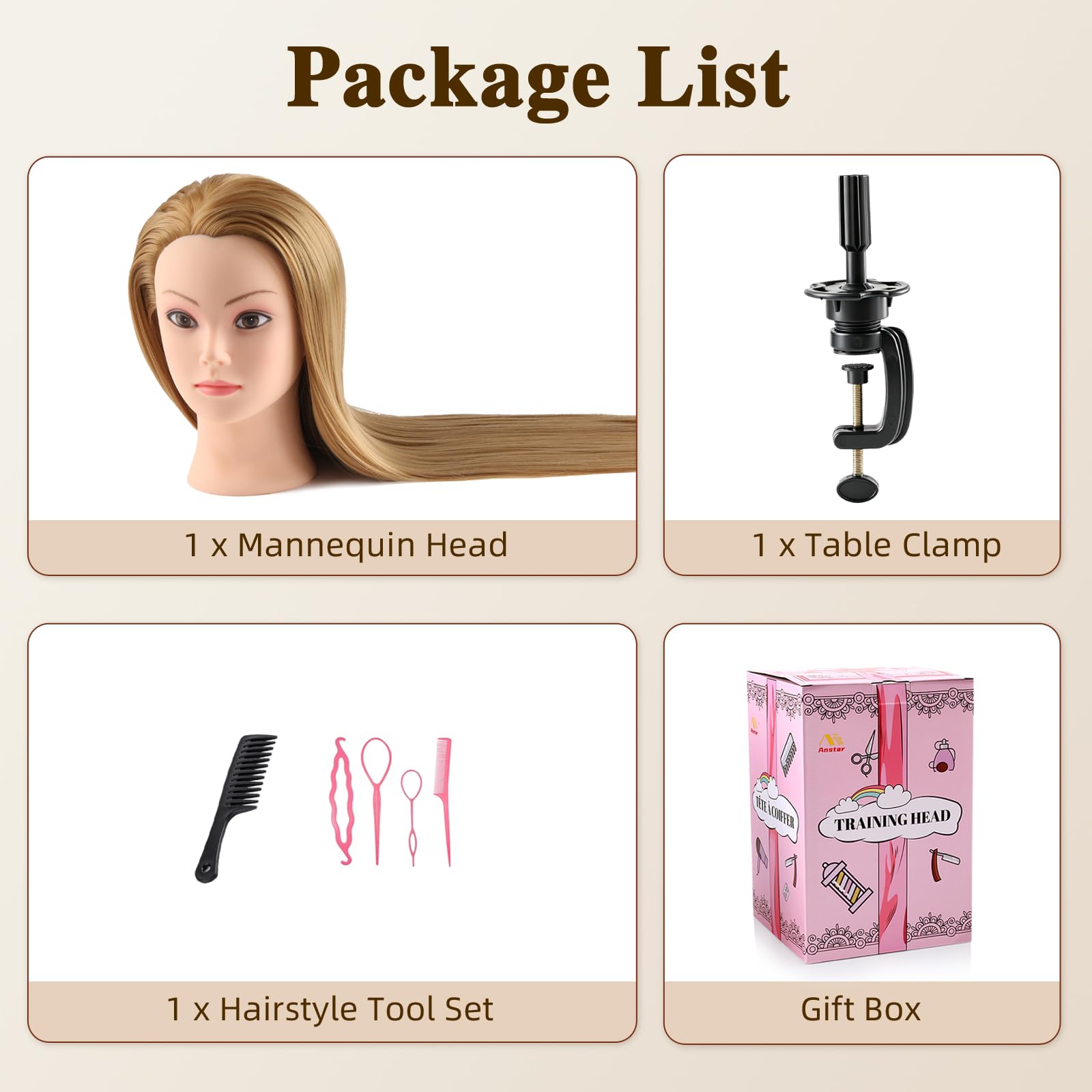 Cabeza maniquí Cabeza Peluqueria 100% de cabello sintéticas Cabeza Practica Peluqueria cabeza de muñeca con Soporte de Mesa + Accesorios de Peinado