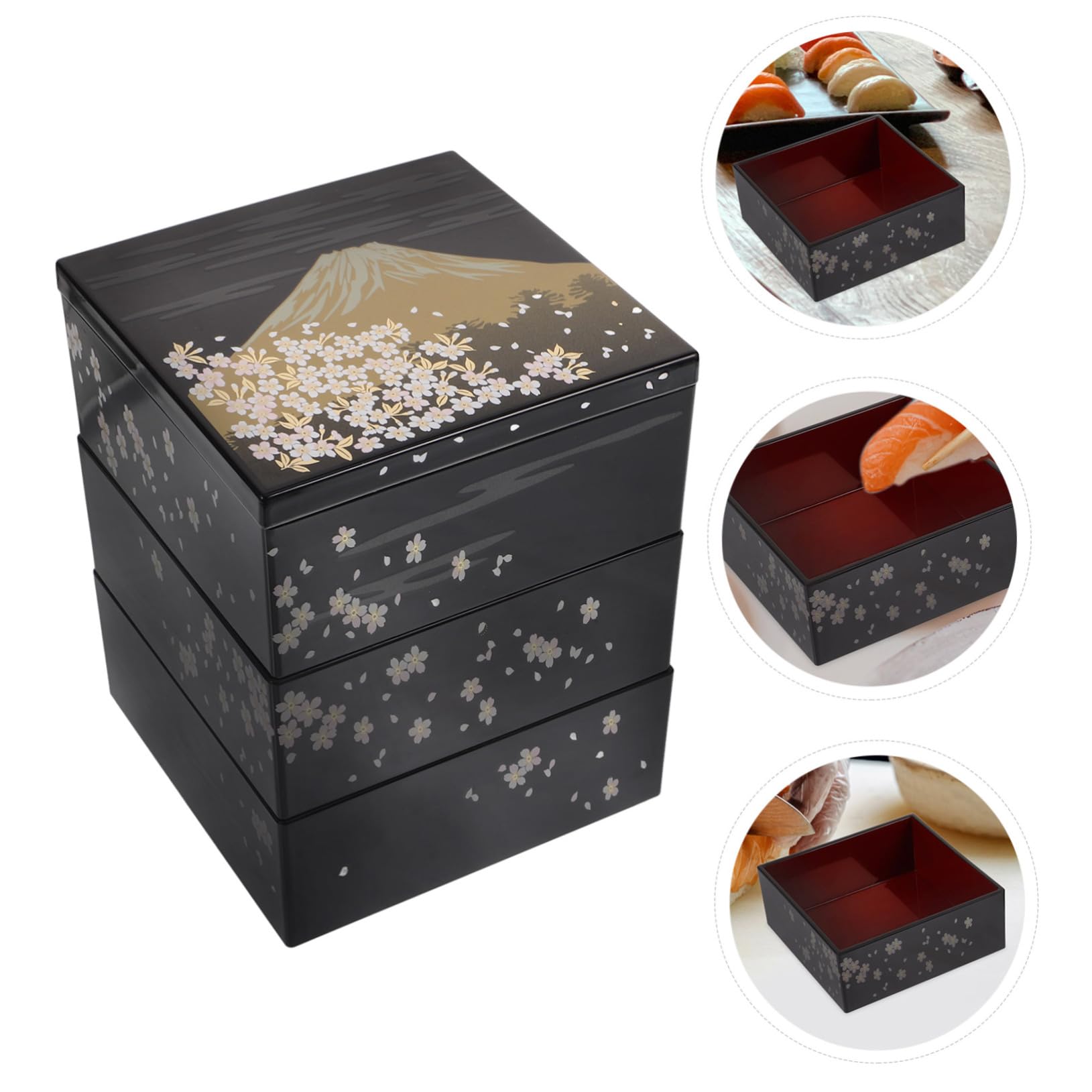 Alipis Scatola Bento Giapponese per Sushi 3 Strati in Plastica Nero, Design Tradizionale Monte Fuji, Multifunzione e Sicura per Uso Quotidiano in Famiglia