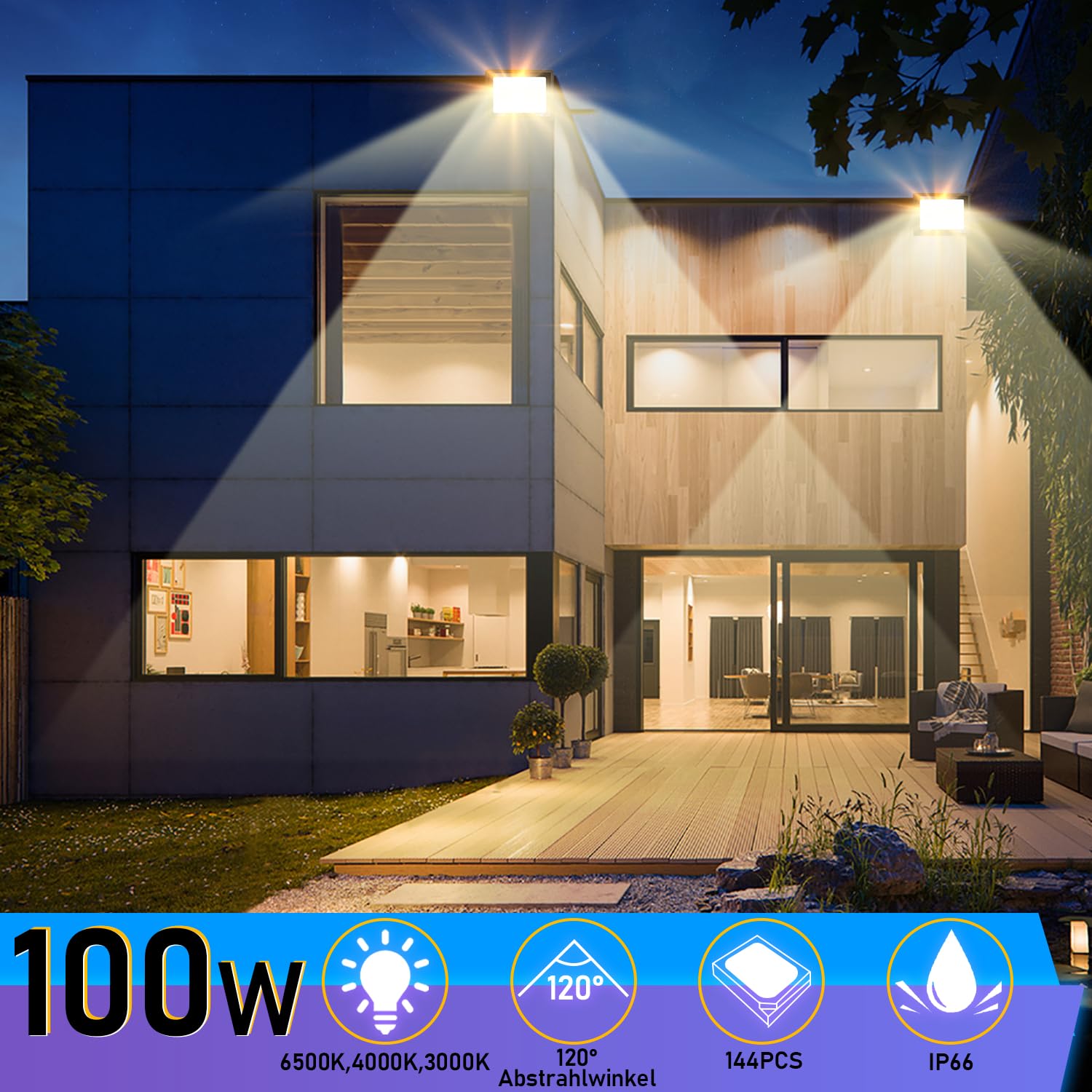 zewnętrzny reflektor LED 100 W, 2 x oświetlenie zewnętrzne LED, super jasne z 3 regulowanymi temperaturami barwowymi na wesela, przyjęcia urodzinowe, drzewo, do domu, bez wtyczki