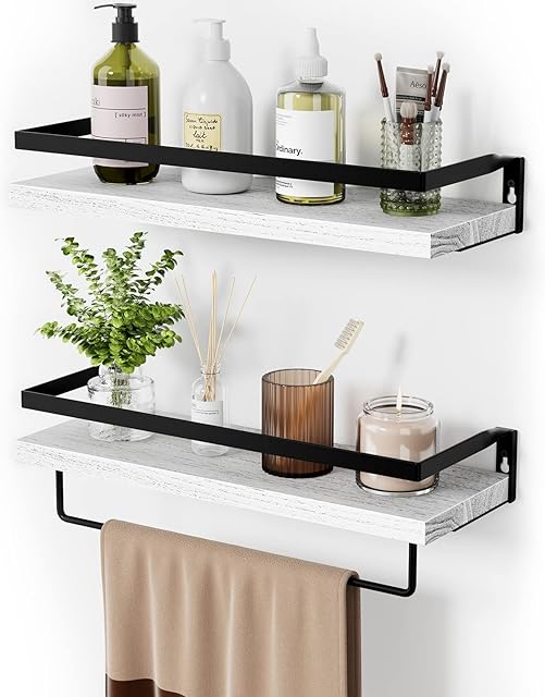 Pipishell Floating Shelves, Wall Mounted Hanging Shelves, Decorative Storage Shelf with Towel Bar for Bathroom Kitchen Living Room, Set of 2 White, 42x15cm (PIFS04W)