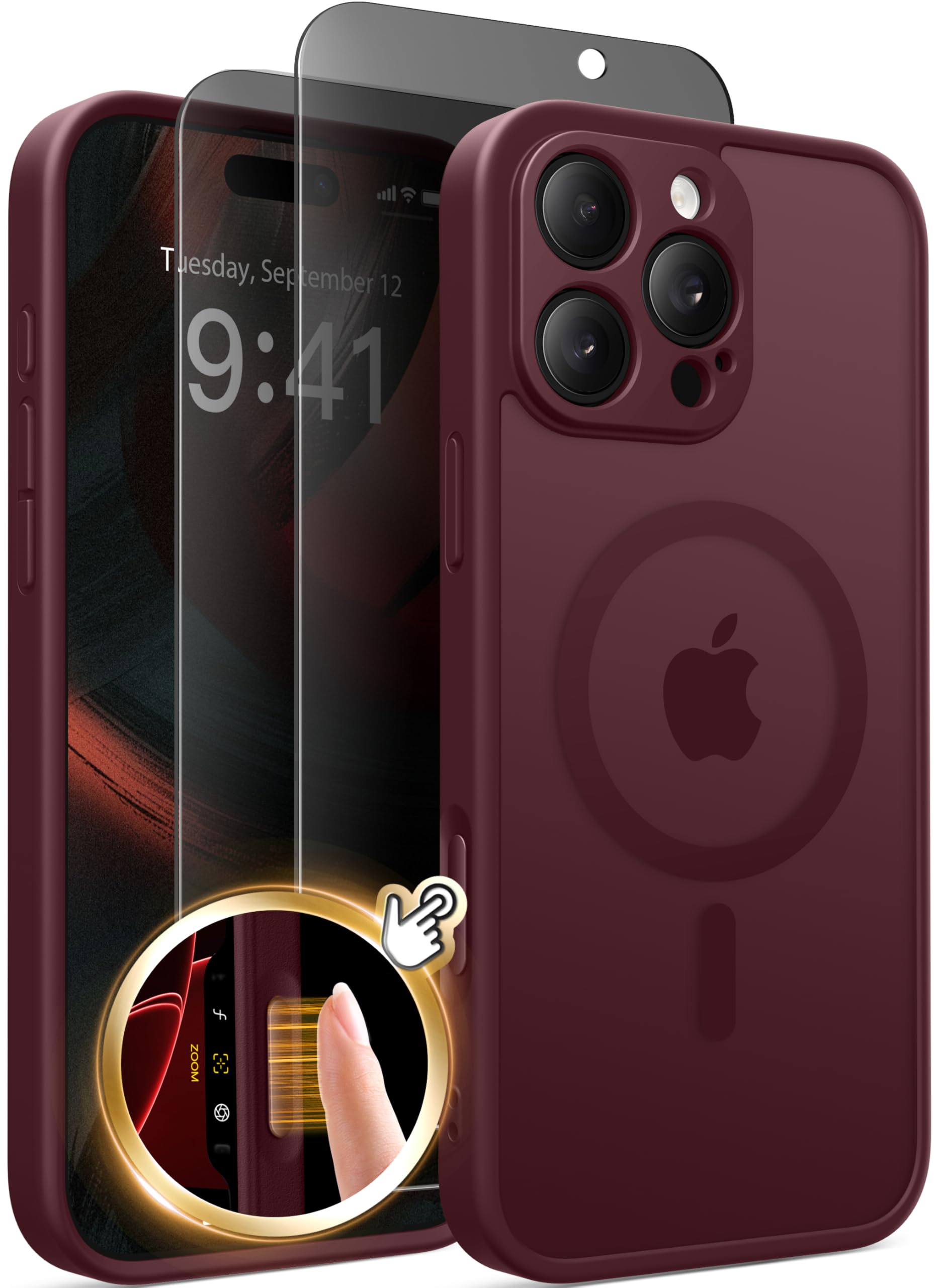 Magnetic Case for iPhone 16 Pro Max with Privacy Screen Protector [Compatible with MagSafe][Camera Protection][Military-Grade][Camera Control Cover]Translucent Matte 16 ProMax Phone Case,Wine Red