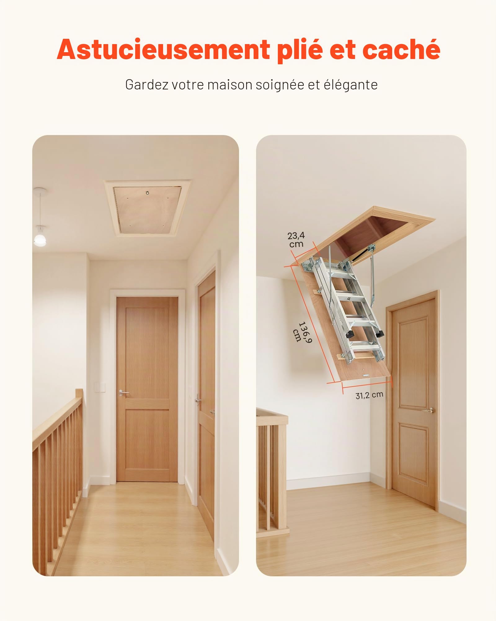 VEVOR Échelle de Grenier, Capacité Charge 170 kg, Escalier de Grenier Escamotable, Hauteur Installation 3 à 3,13 m, Marche 80 mm, Échelle Pliable Polyvalent Aluminium, pour Accès Pratique aux Greniers