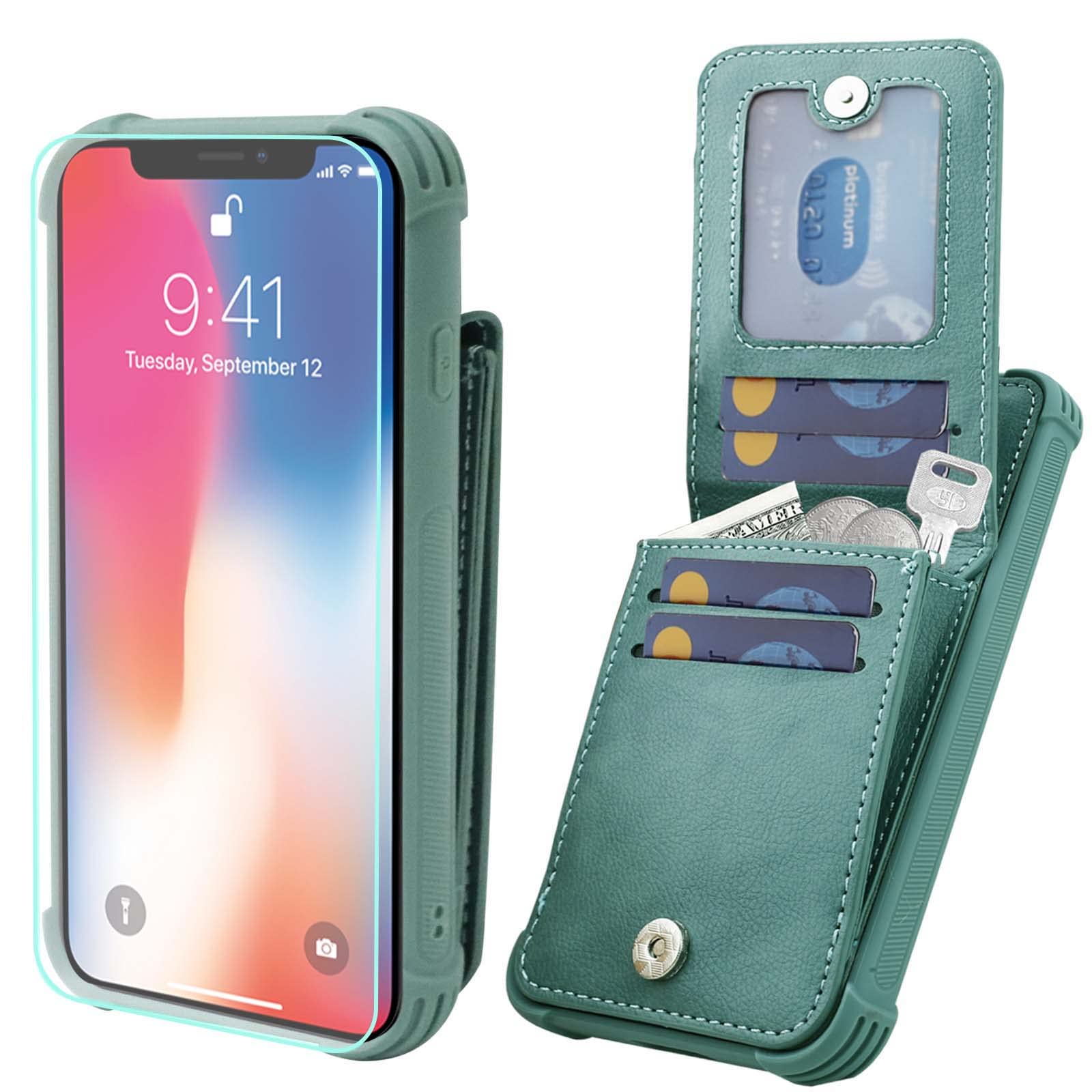 VANAVAGY Compatible for iPhone Xs/iPhone X Wallet Case for Women and Men,Leather Magnetic Clasp Flip Folio Phone Cover with Credit Card Holder and Coin Pocket,Forest Green