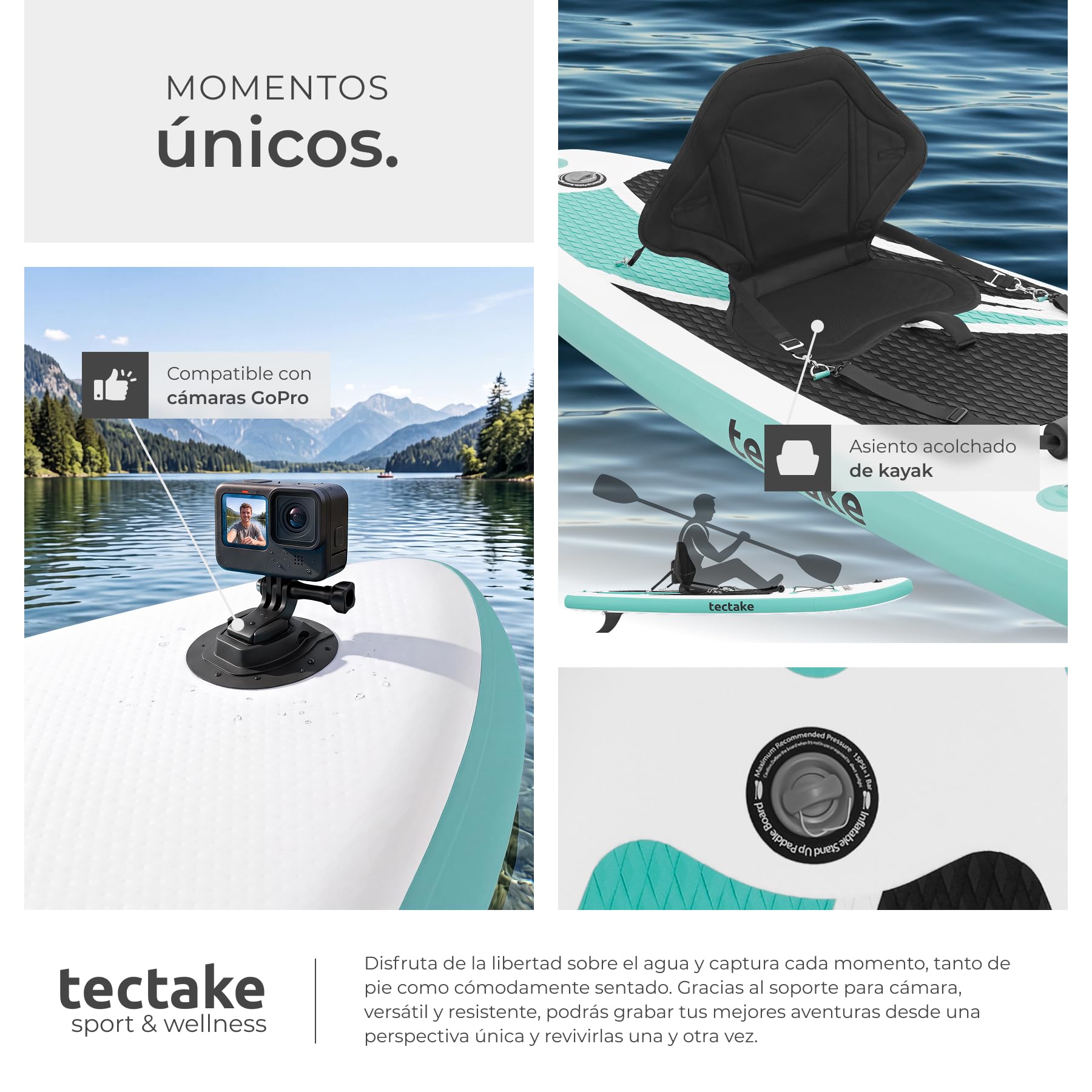 tectake® Tabla Paddle Surf Hinchable, Soporte Cámara, Kayak, 200 kg | Soporte para Cámara, Asiento de Kayak Convertible, Capacidad 200 kg, Superficie Antideslizante, SUP, Blanco y Turquesa