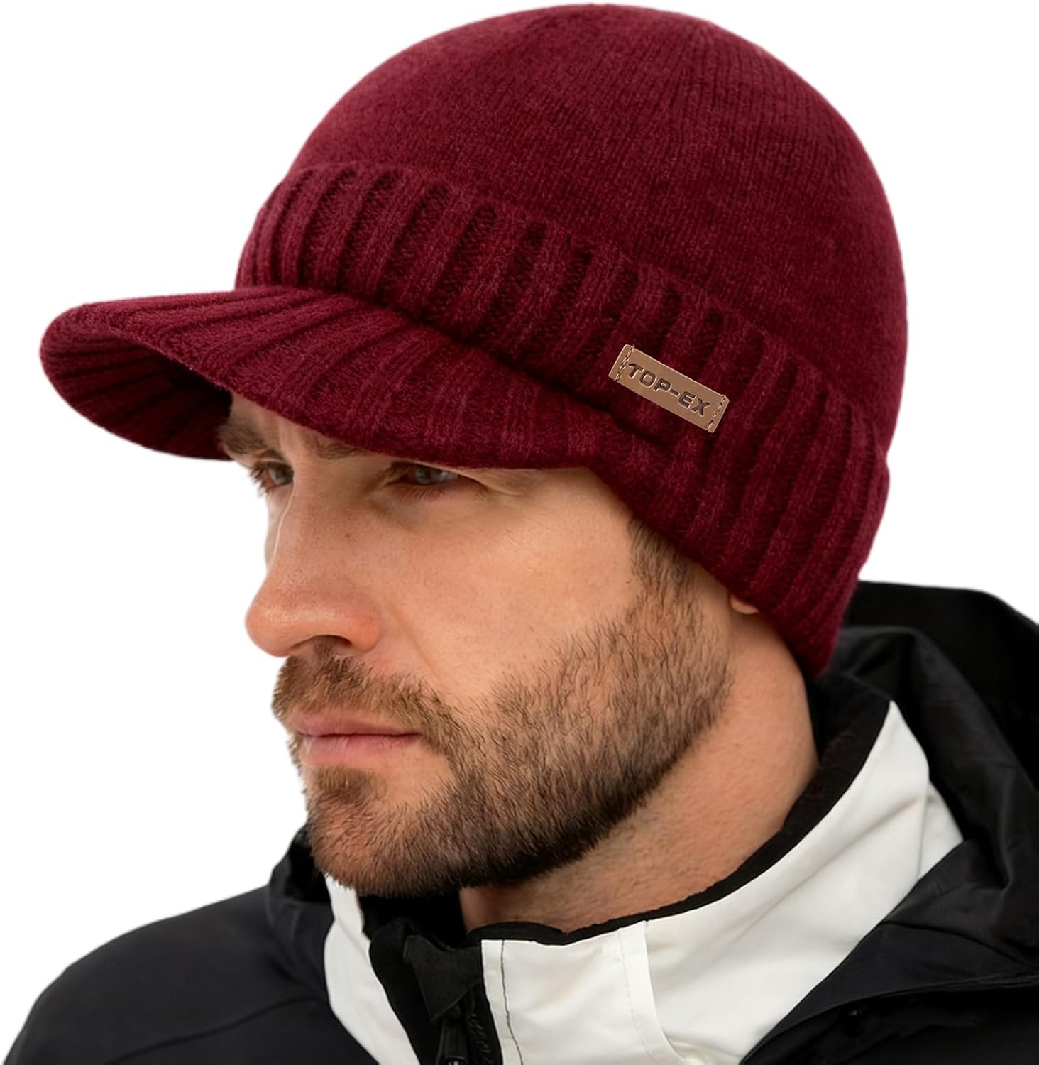 TOP-EX DryKnit™ Waterproof M/L XL/XXL Fleece Lined Beanie with Brim, Merino Wool Warm Cold Weather Visor Cap