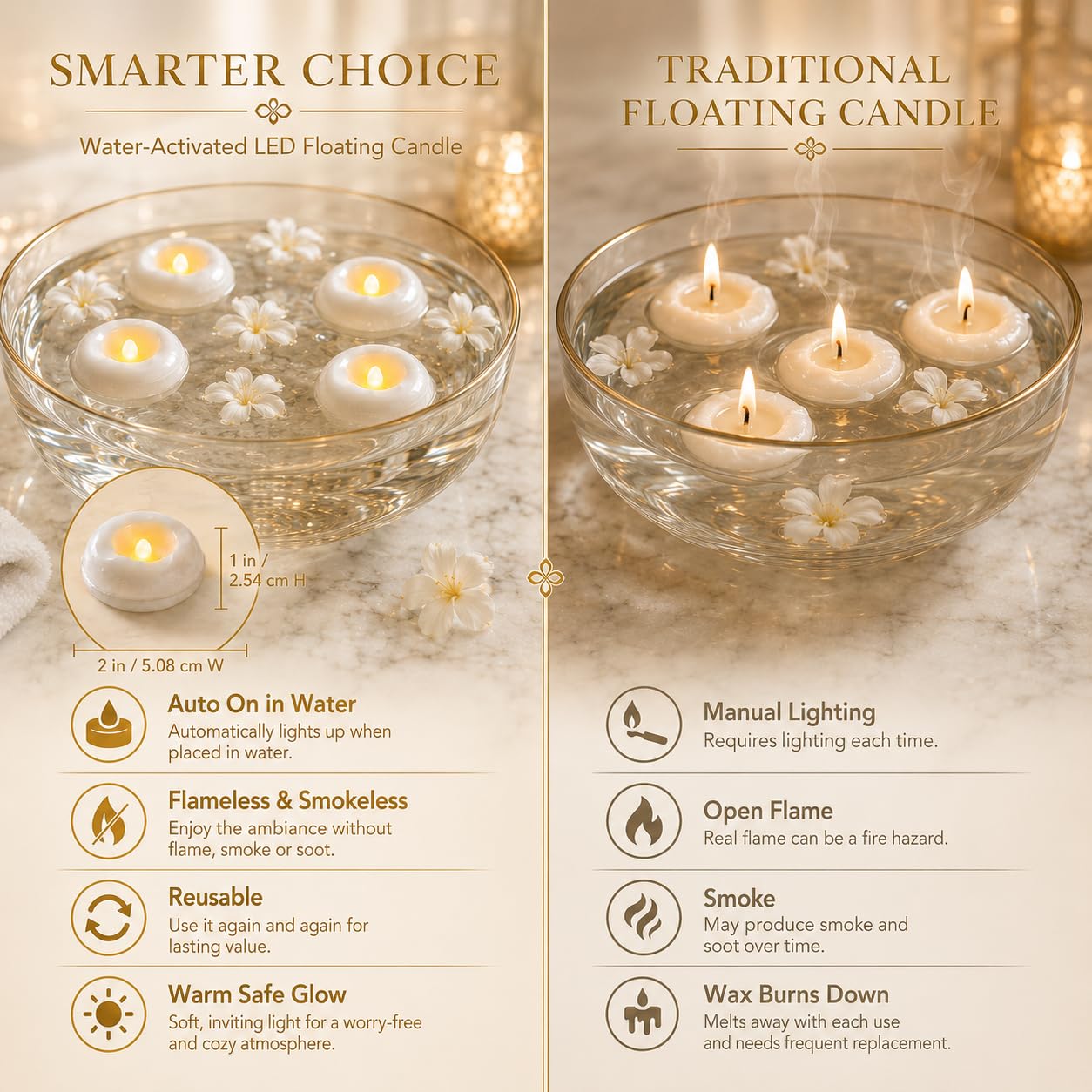 Confezione da 24 candele galleggianti a LED senza fiamma da 5,8 cm, candele galleggianti attivate con acqua, funzionamento a batteria, con oltre 180 ore di durata, per vaso cilindrico, piscina