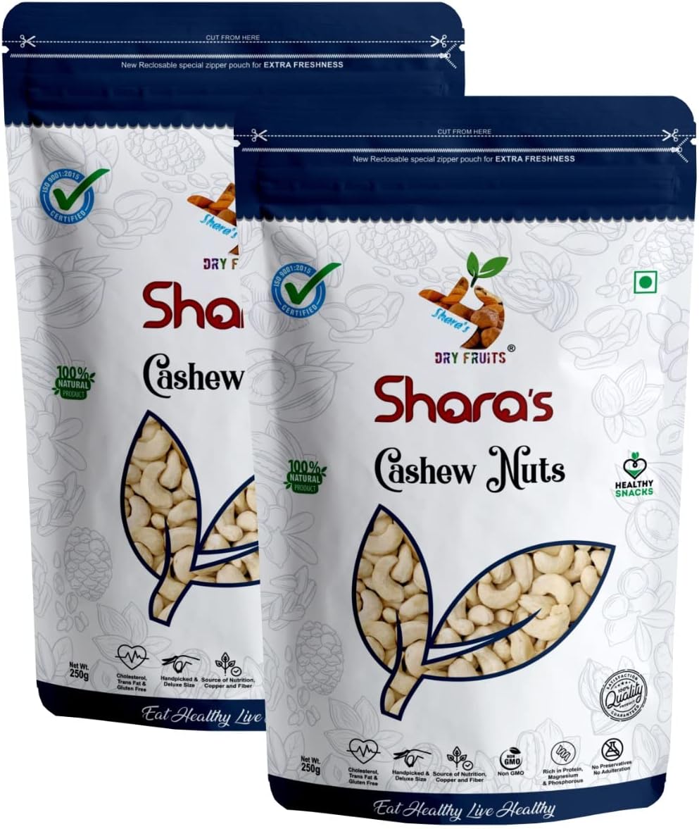 Shara's Dry Fruits Cashew Nuts (Kaju) Jumbo Size (W240), 500g (Pack of 2X250g each)