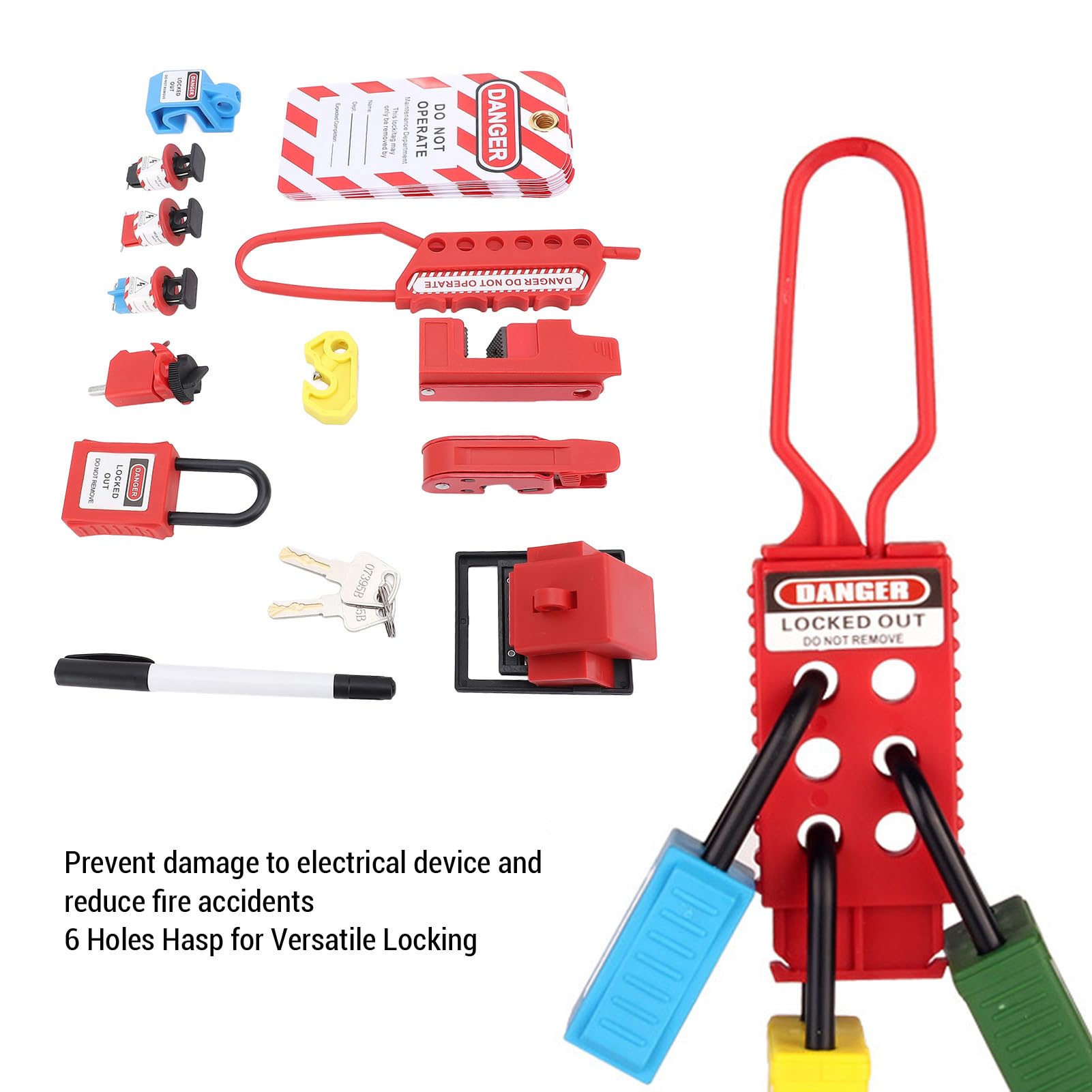 Electrical Lockout Tagout Kit, Clamp On Circuit Breaker Lockout, Group Lockout Hasps with Safety Padlock, Loto Tags, Plug Lockout, Loto Locks Set for Electrical Lockouts