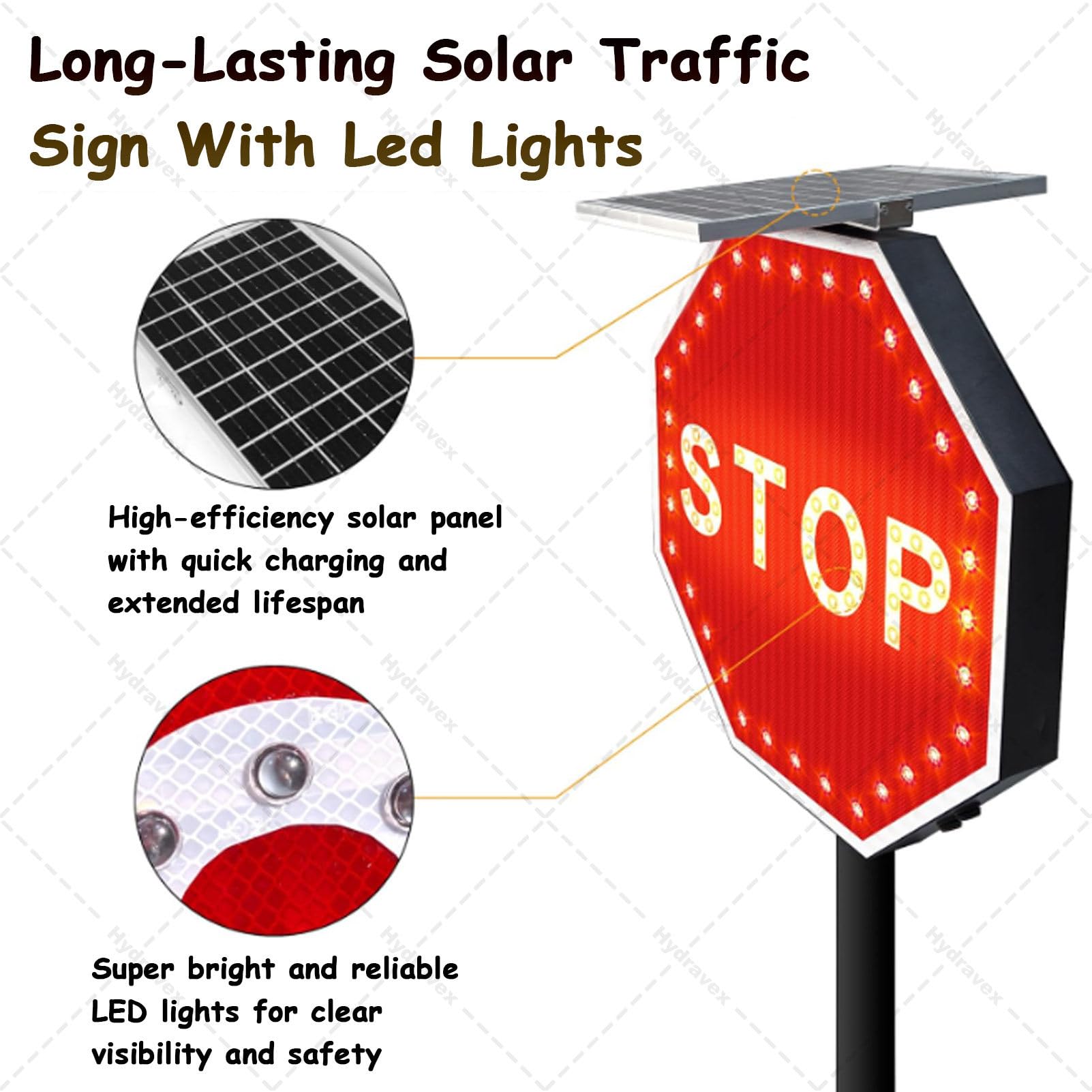 Señal de parada LED solar, señal de advertencia de tráfico parpadeante, señal de carretera iluminada de aluminio, IP65 impermeable