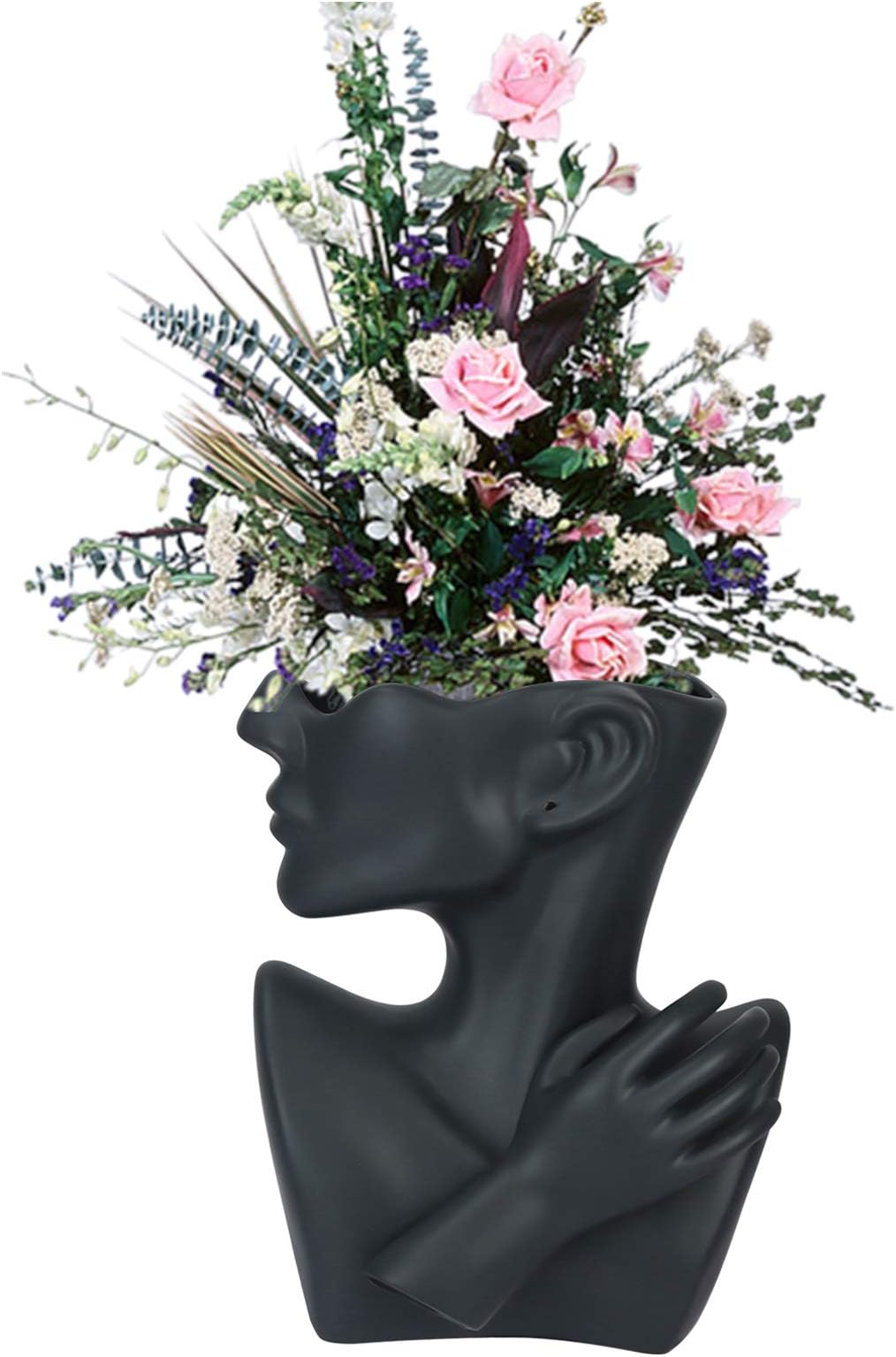 Ceramic Face Vase Head Vase and Body Vase for Flowers Decor Cute Statue Flower Pots Modern Vase Planter Bust Sculpture Home Decoration Table Center Piece (Black)