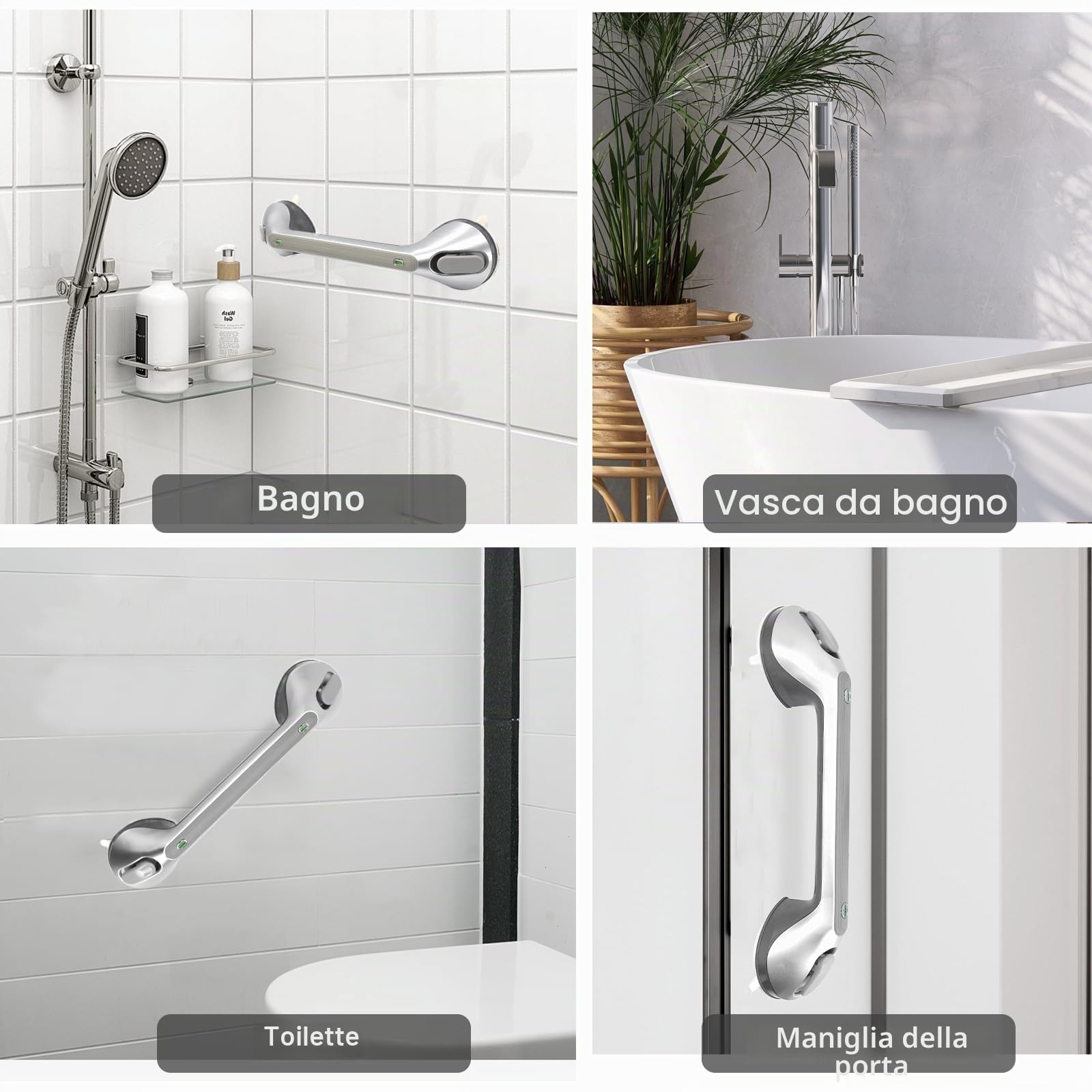 Newthinking Maniglia lunga a ventosa per bagno, maniglia doccia a ventosa da 40,6 cm con indicatore, maniglia portatile di sicurezza a ventosa per la mobilità per anziani disabili (2, argento)