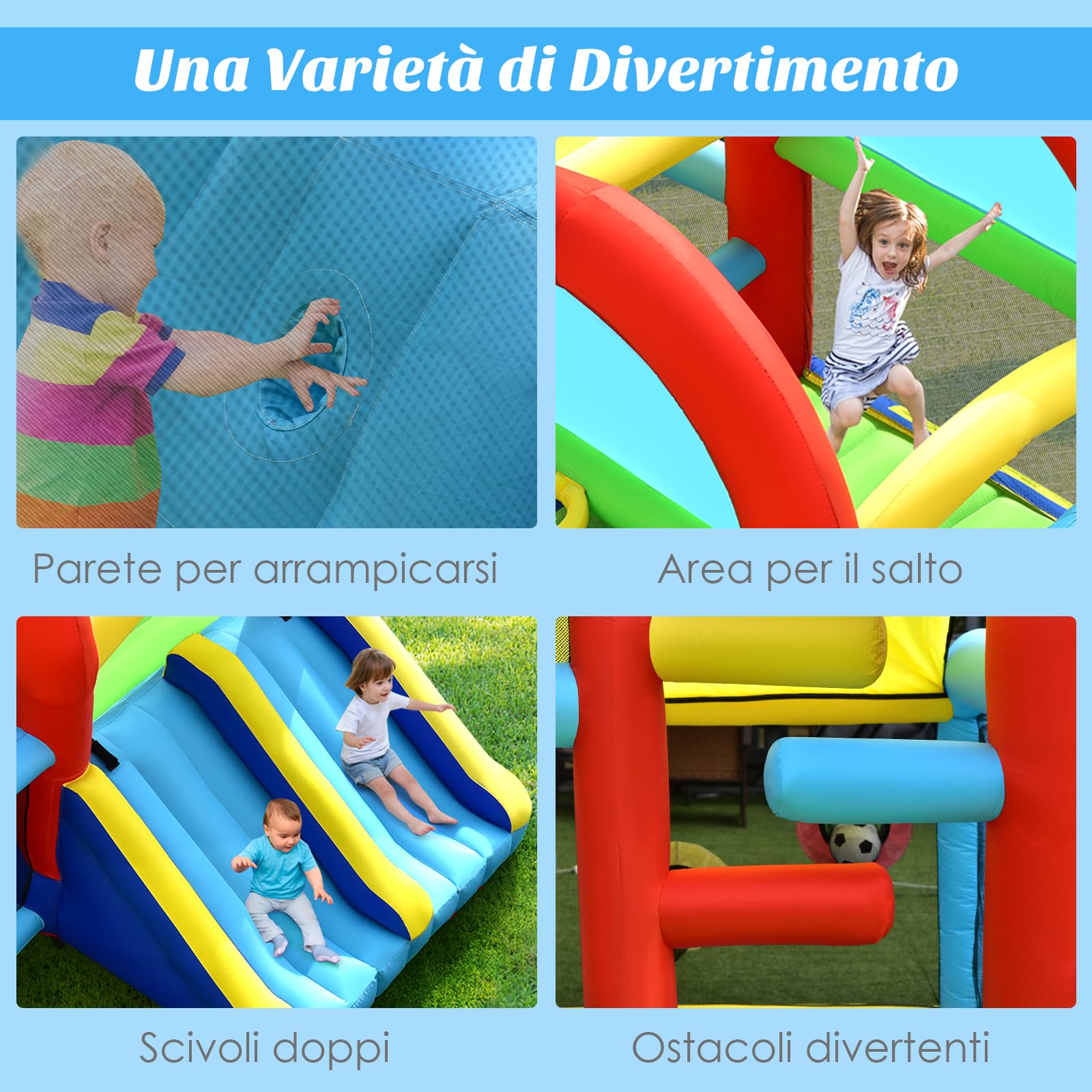 COSTWAY Castello Gonfiabile per bambini, Casa Gonfiabile con Doppio Scivolo, Area per Saltare, Piscina, con Borsa di Trasporto e Kit di Riparazione, per 4 Bambini di 3-10 Anni (Con soffiatore)