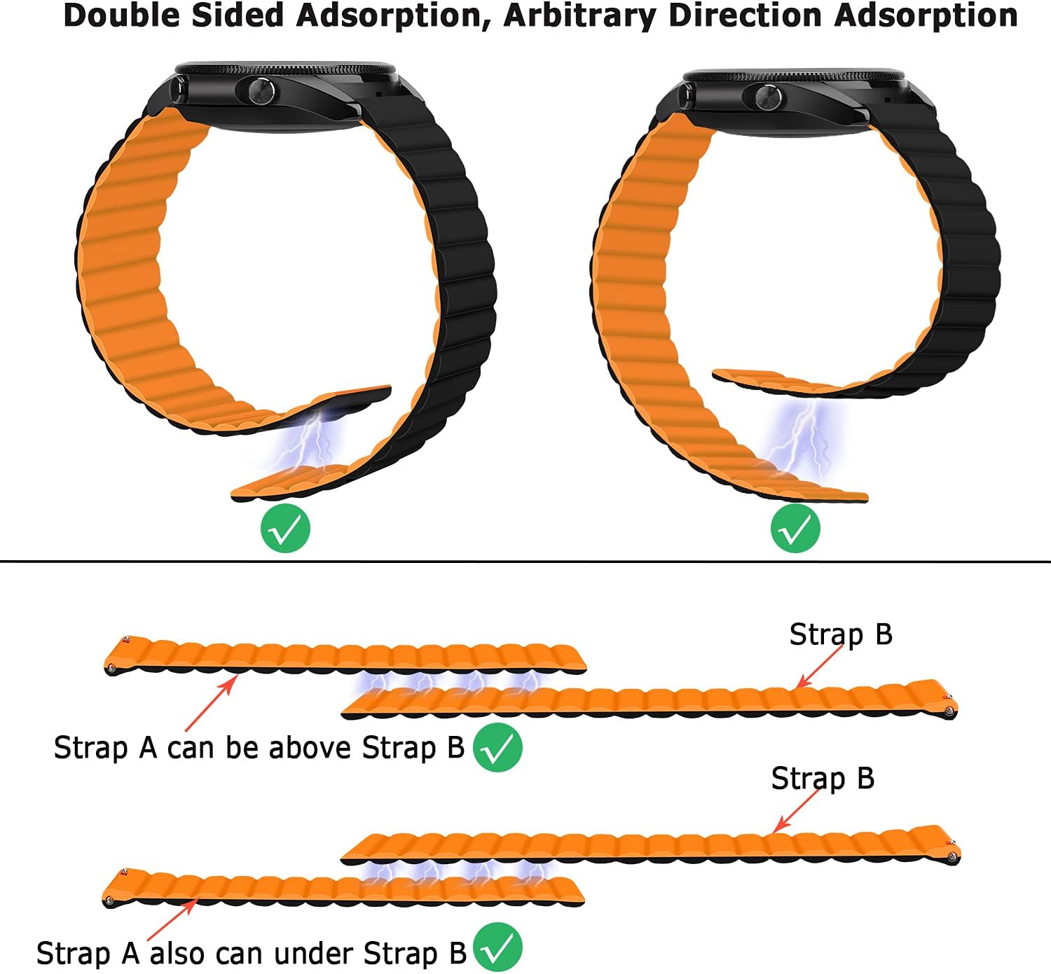 Tasikar 20mm Bands Compatible with Samsung Galaxy Watch 7/6/5/4 Band 40mm 44mm/6 Classic 43mm 47mm/5 Pro, Silicone Magnetic Strap for Galaxy Watch 4 Classic/3 (Orange-Black) - Image 3