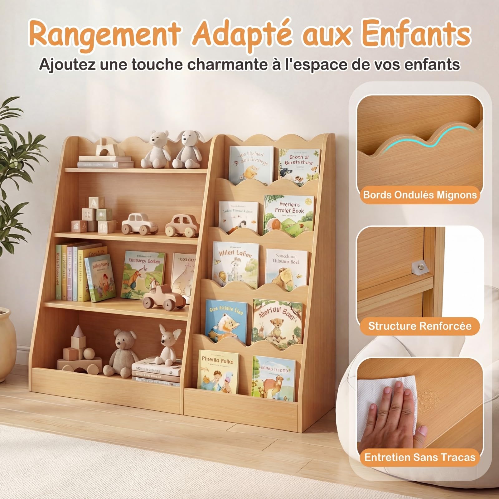 COSTWAY Bibliothèque Enfant Montessori avec 5 Niveaux Ondulés, 4 Étagères Ouvertes, Étagère à Livres en Bois avec Kits Anti-basculement, Meuble Rangement pour Chambre Salle de Jeux Crèche (Naturel)