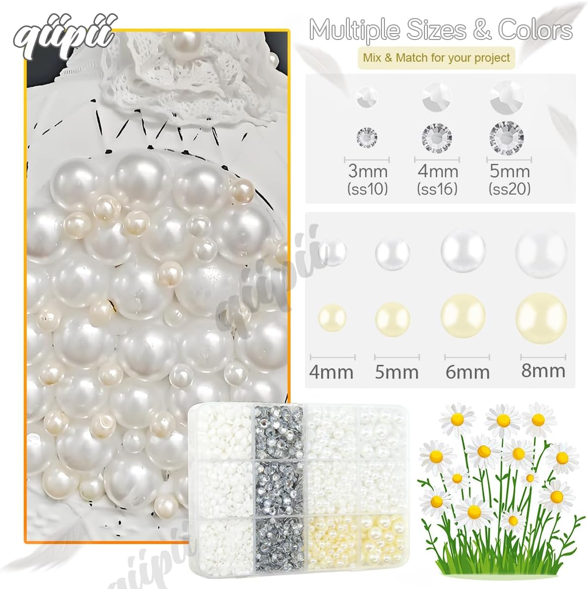 White 3mm-8mm Flatback Pearls and Rhinestones for Bedazzling Crafting Half Pearls Resin Stones Diamonds Crystal Gems for Nails Face Eyes Makeup Tumblers Bottles Crafts Grad Cap Shoes Scrapbook - Image 4