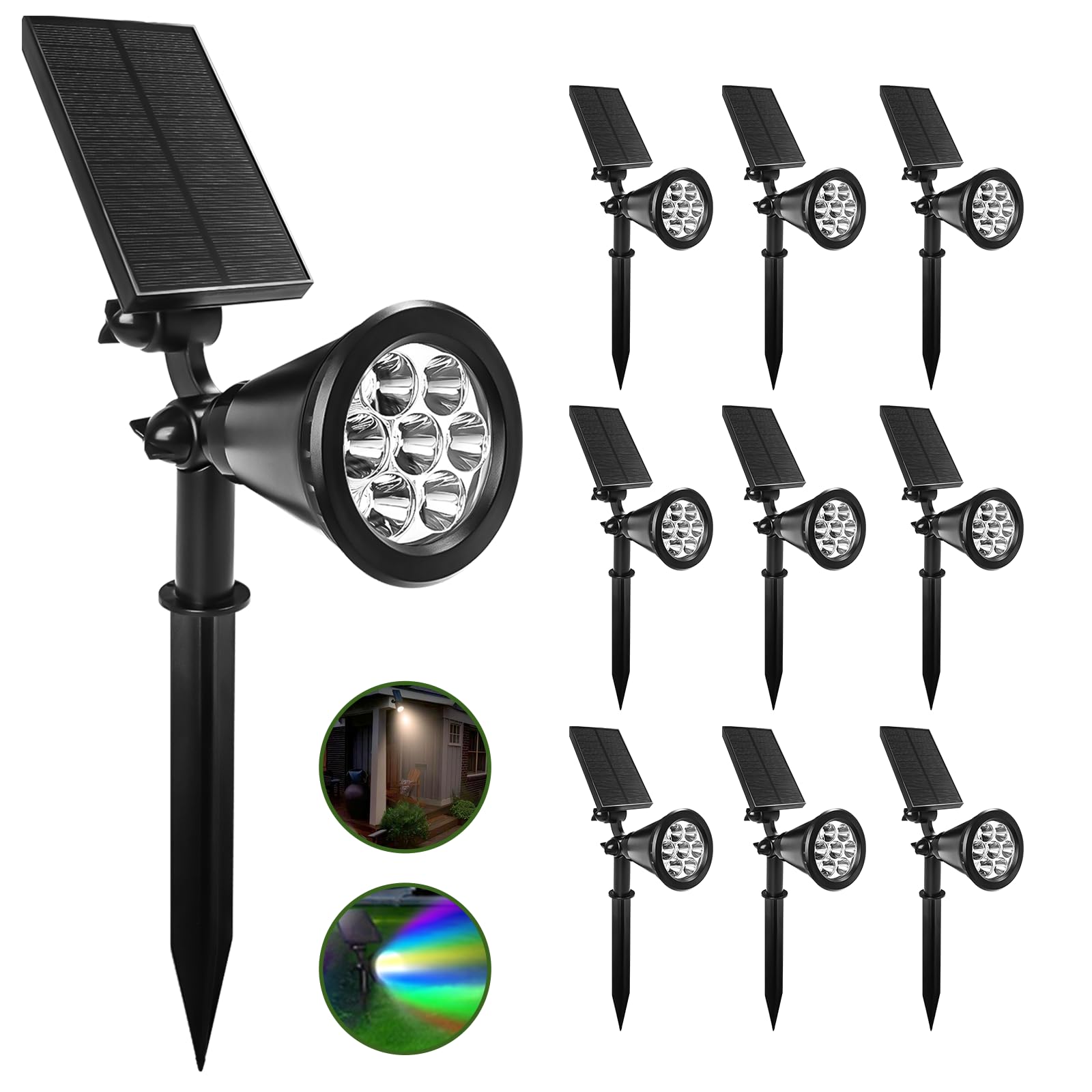 Faretti Energia Solare da Esterno 10 Pezzi,Fosingut 7 LED RGB Faretti Solari a LED da Esterno,IP65 Impermeabile Faretto Solare,Lampioncini Solari da Giardino per Cortile,Vialetto,Scala,Paesaggio,Alber