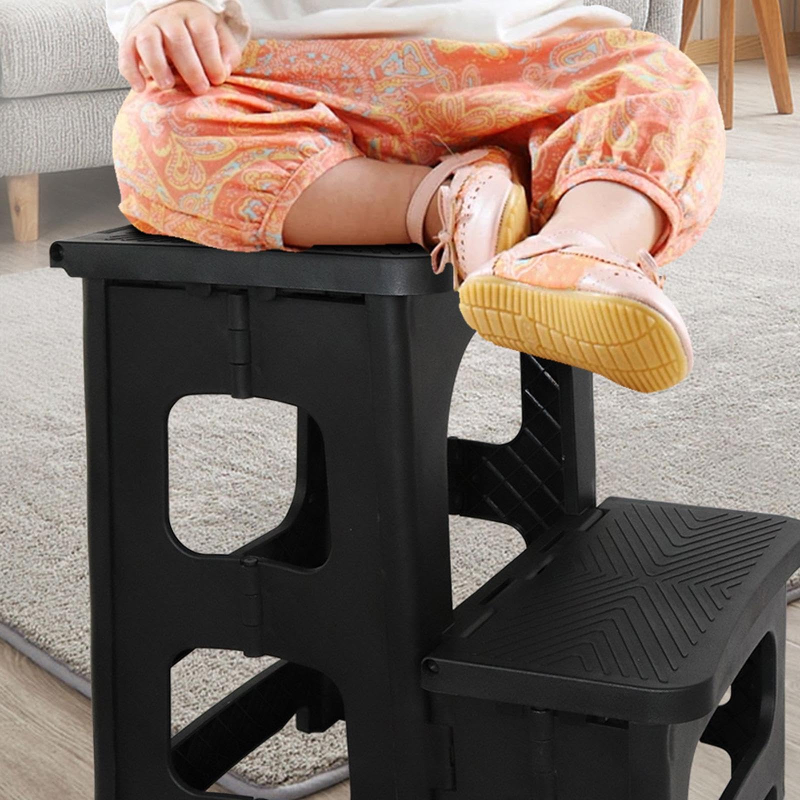 Taburete/escalera Plegable de Dos Peldaños Fabricado en Material PP Resistente con Función Plegable Que Ahorra Espacio para Cocina, Baño Domést