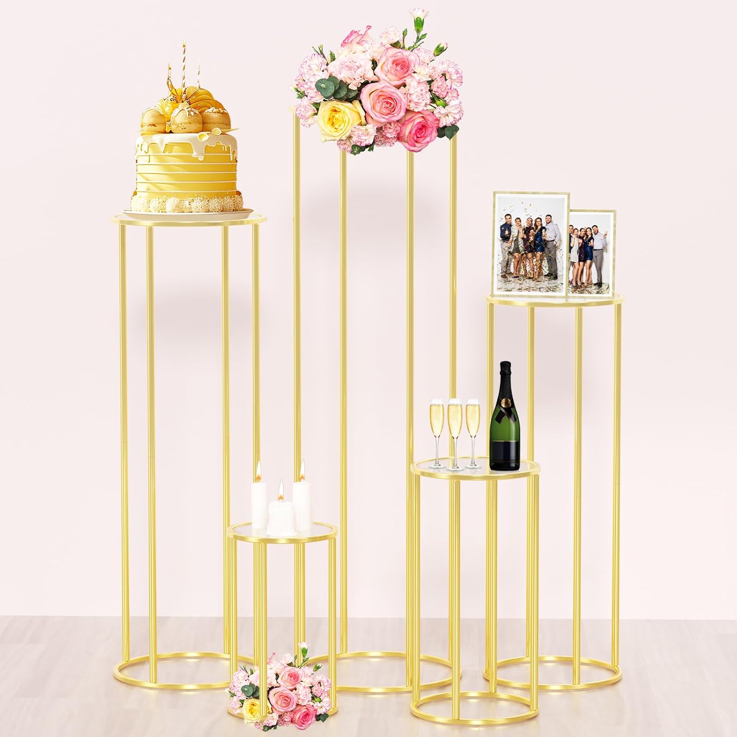 Metal Cylinder Stands for Party, 5pcs Gold Tall Pedestal Stands, Cilindros Para Fiestas Redondos Blancos, Cylinder Tables for Parties Wedding Decor