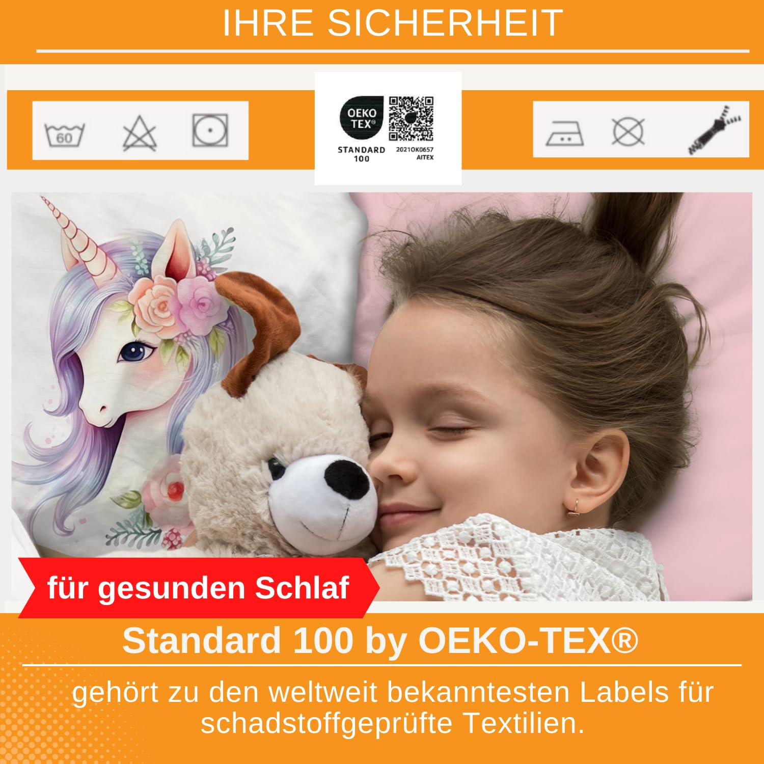 Aminata kids Bettwäsche Einhorn 135x200 Mädchen 100% Baumwolle rosa - Kinder Wende-Bettwäsche-Set mit Unicorn