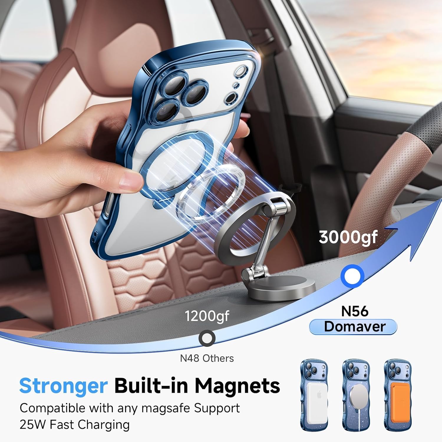 3 in 1 for iPhone 17 Pro Max Case with 360° Spin Magnetic Stand, 1X DIY Glitter Cardstock +1X Screen Protector, [Fit for Magsafe]Cute Wavy Glossy Clear Phone Cover for Women Girls 6.9", Sapphire Blue