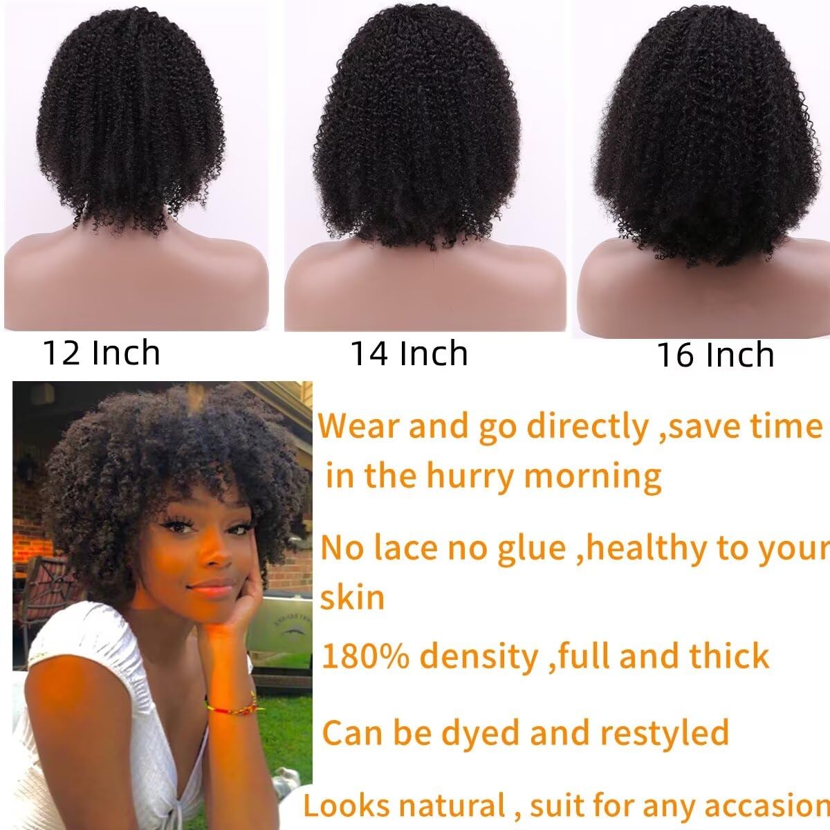 180% Density 16 Inch Human Hair Wigs Afro Kinky Curly Human Hair Wig With Bang For Women None Lace Wig Small Curly Afro Wigs For Black Women 1b color - Image 2