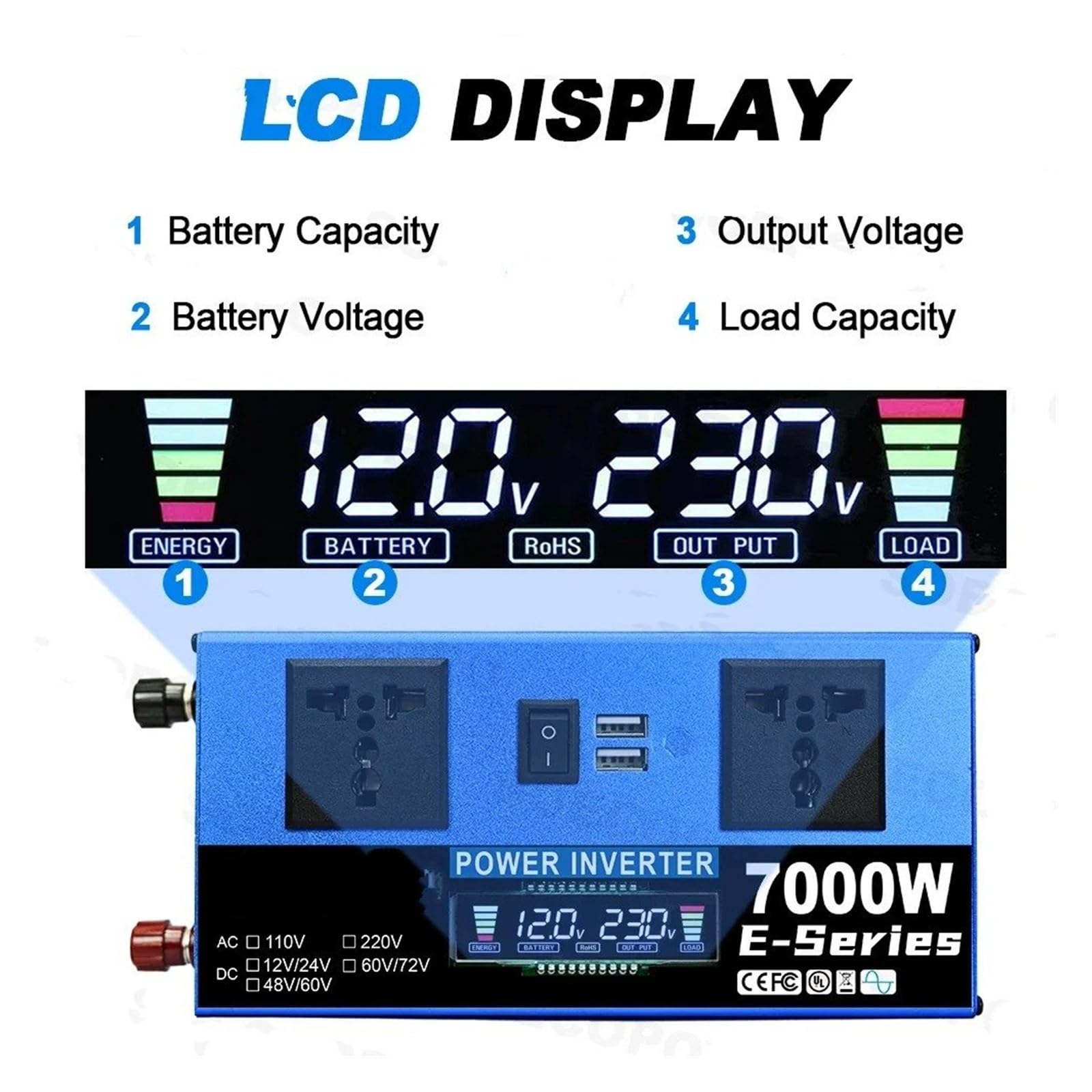 Inversor Corriente Coche Kit Completo Solar Fuera Red 8000W Controlador 100A Panel 200W para El Hogar/Camping Respaldo Dual 12V/24V A 110V/220V(Only Inverter 220V)