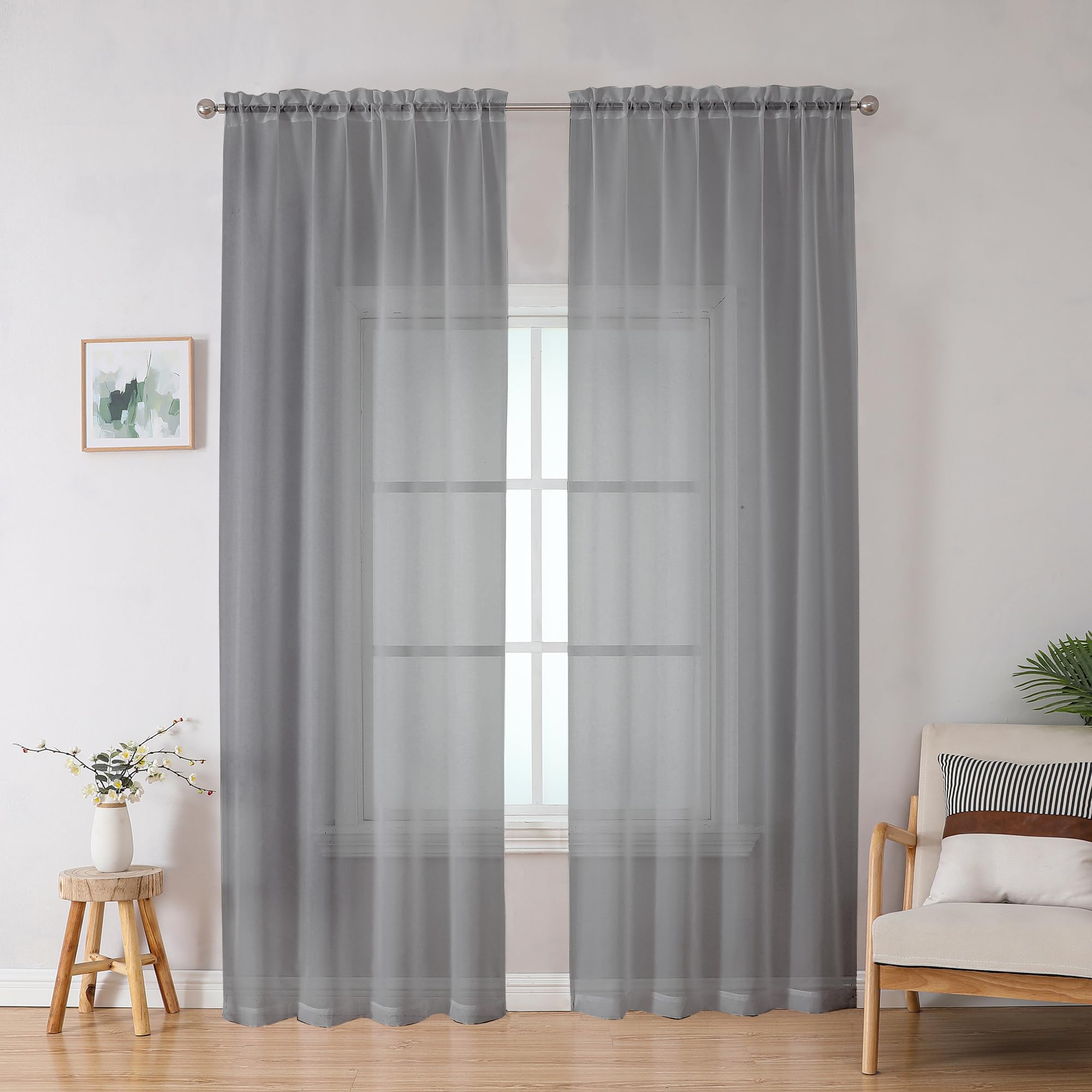 Grey Sheer Curtains, Sheer Curtains 78 inches Long 2 Panels Set, Rod Pocket Voile Fimly Gray Drapes for Living Room/Bedroom, 2pcs, Each 42" W x 78" L