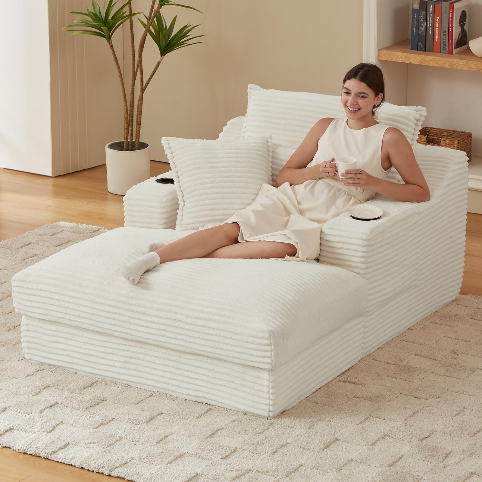Oversized Chaise Lounge Chair Indoor, Boneless Chaise Lounges with Cup Holders & 3 Pillows, Modern Corduroy Sleeper Sofa Cloud Couch Chair with Wide Arms, No Assembly Required (White, 48")