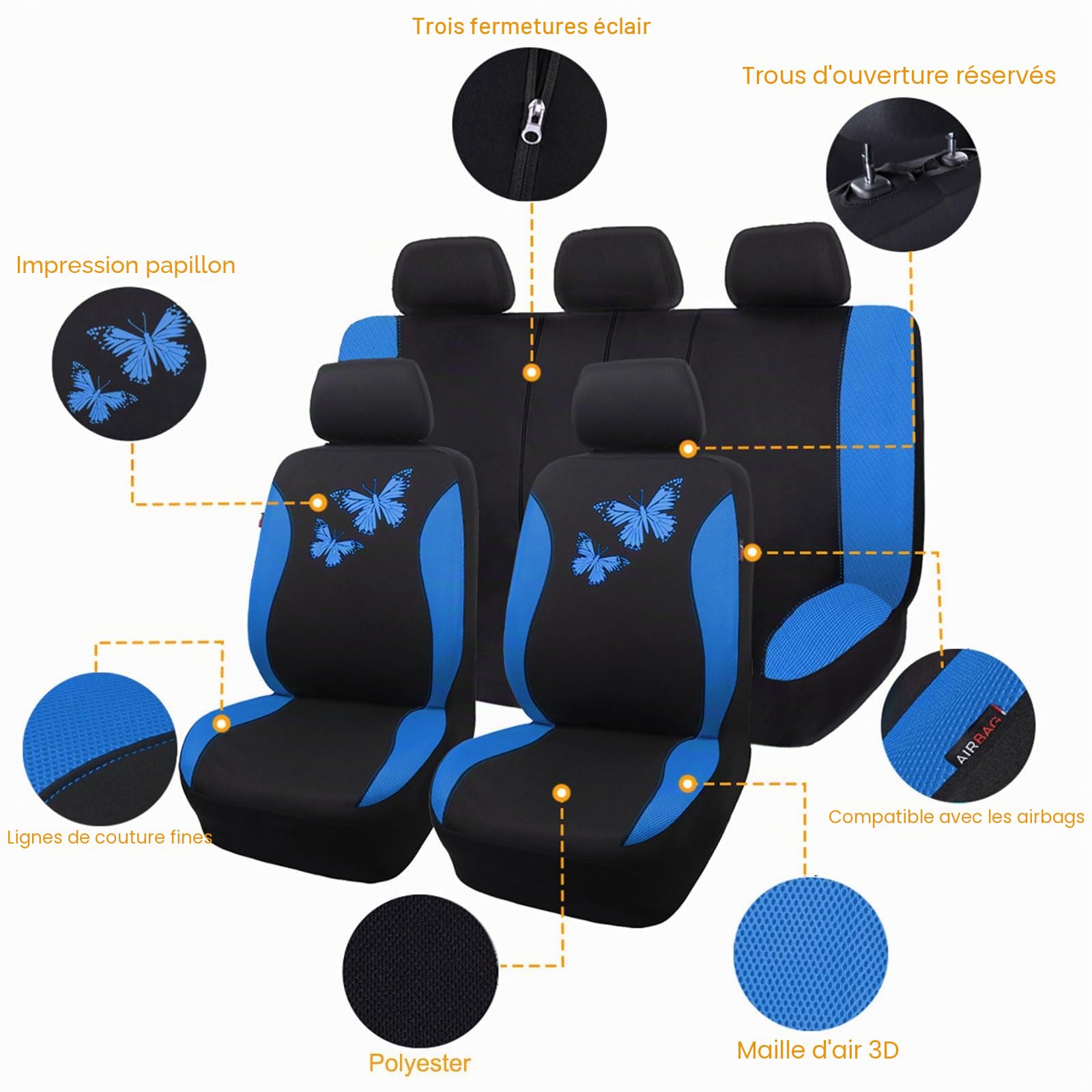 Flying Banner Housse de siège Auto en Maille Respirante, Motif Papillon coloré, Compatible avec Les airbags (Ensemble Complet, Bleu)