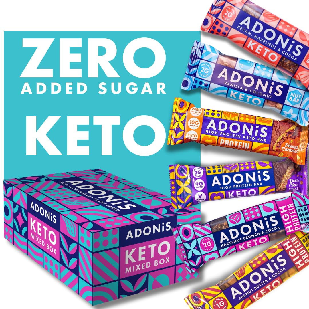 Adonis Mixed Box With 5 Flavours | High Protein & Nut Keto Bars (20 Bars) | Vegan/Keto-Friendly | Natural Keto Snacks | Sugar Free, Palm Oil Free | Low Sugar & Low Carb | Ideal for a Keto Diet