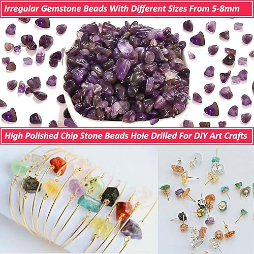 Miniatura 3 de 420 cuentas de piedra con virutas amatista, piedras preciosas irregulares de cristal curativo, cuentas sueltas de cristal triturado con caja de