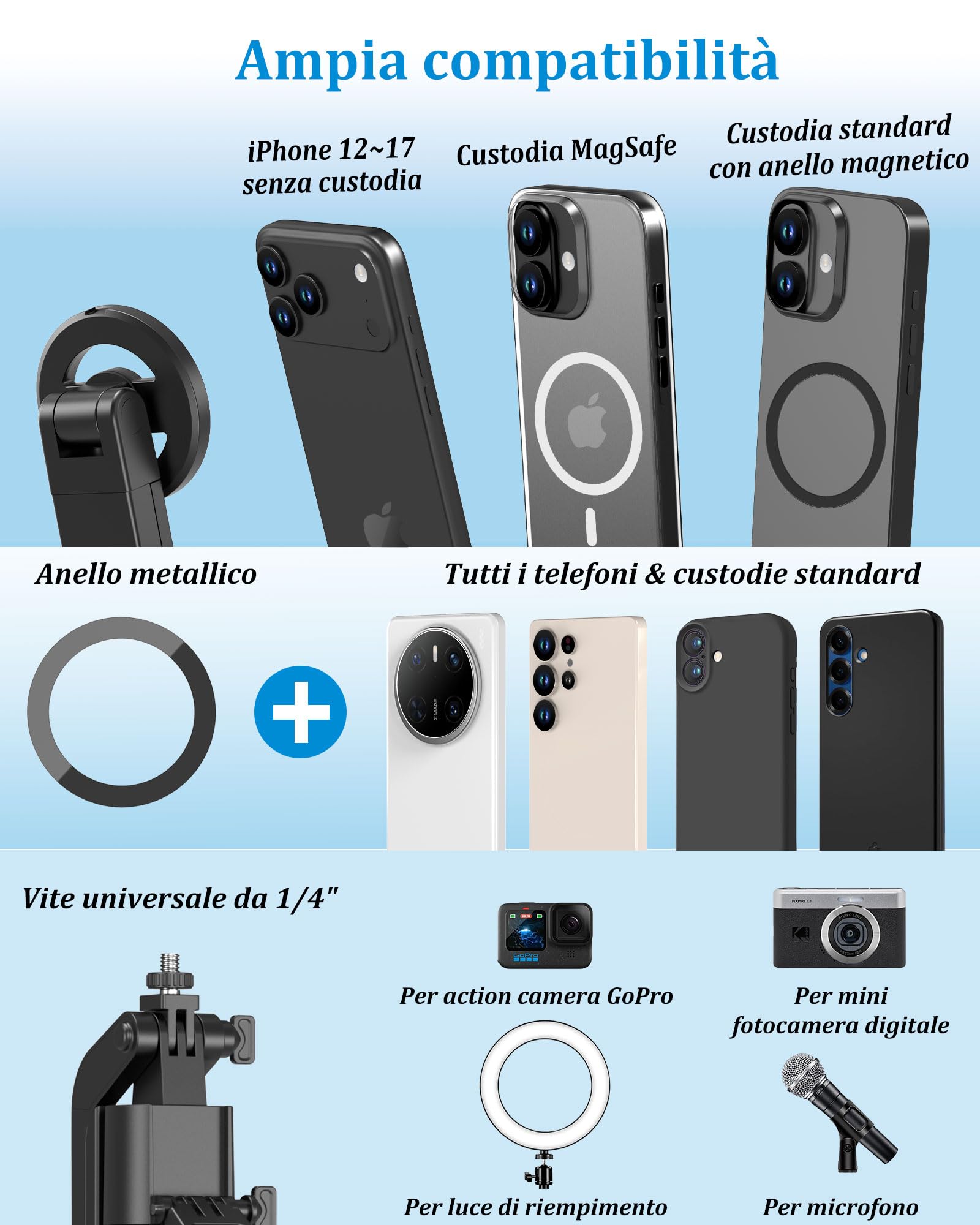 PlusAcc Treppiede magnetico per selfie da 72" per iPhone, rotazione a 360°, con telecomando, compatibile con Magsafe/smartphone, per registrazione video, Vlog, Tiktok