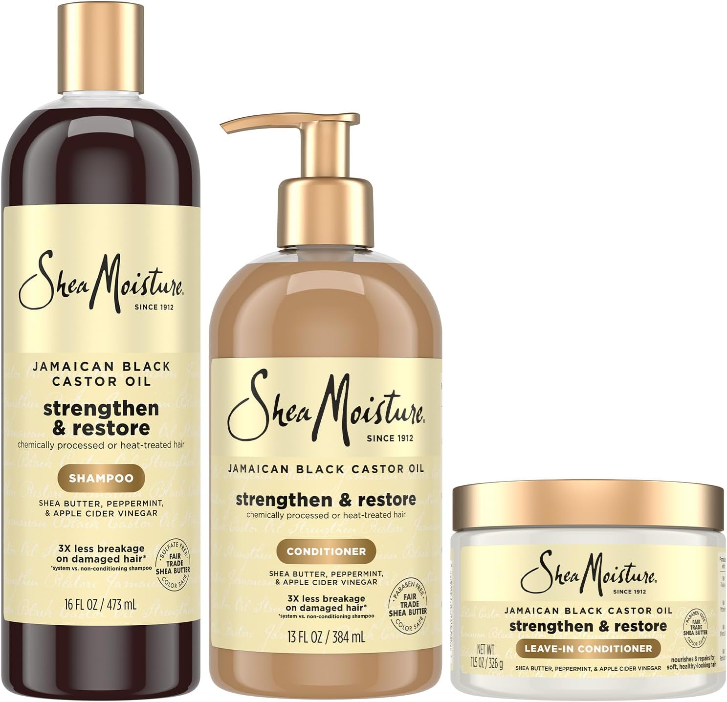 Shea Moisture Jamaican Black Castor Oil Combination Pack - Strengthen, Grow & Restore - Shampoo, 16.3 Oz, Conditioner 13 Oz. & Leave-In Conditioner 16 Oz