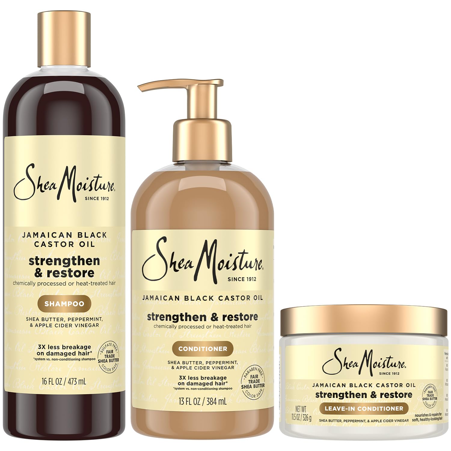 SheaMoisture Jamaican Black Castor Oil Strengthen & Restore Hair Repair Shampoo, Conditioner + Leave-In Conditioner