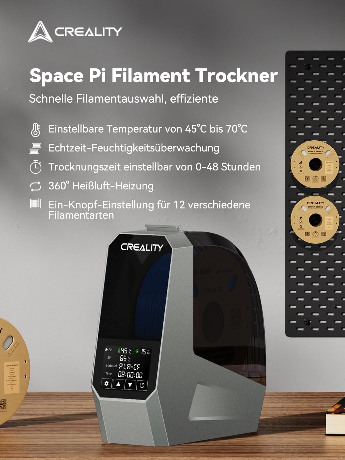 Creality Suszarka ilamentów Space PI Filament Dryer Box Upgraded, oryginalne akcesorium 360-stopniową grzałką i wentylatorem, wyświetlacz wilgotności w czasie rzeczywistym dla filamentów 1,75/2,85 mm